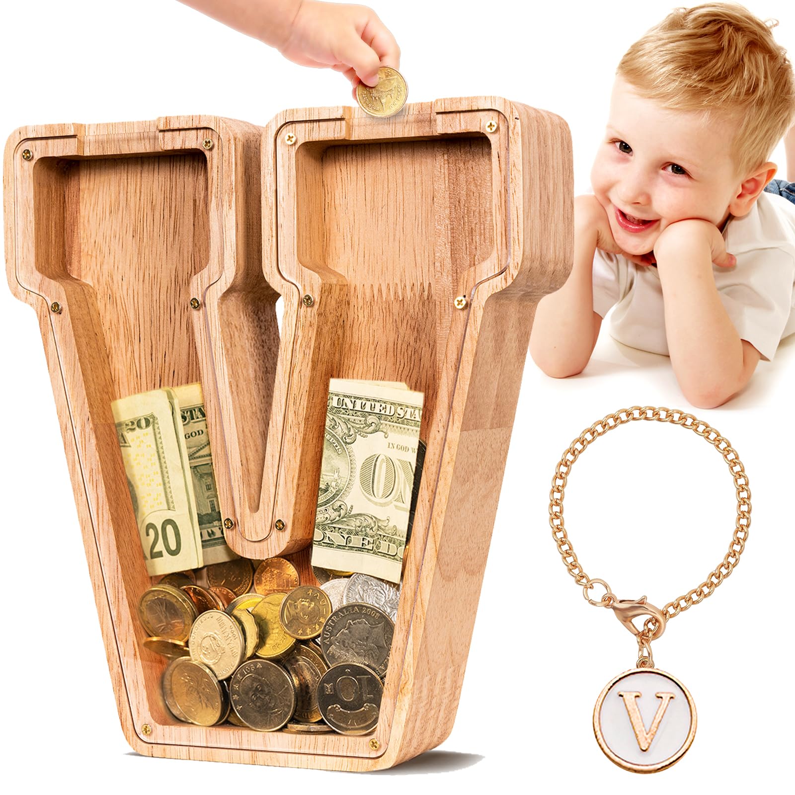 summidate Wooden Letter Piggy Bank Personalised Money Box Kids Alphabet V