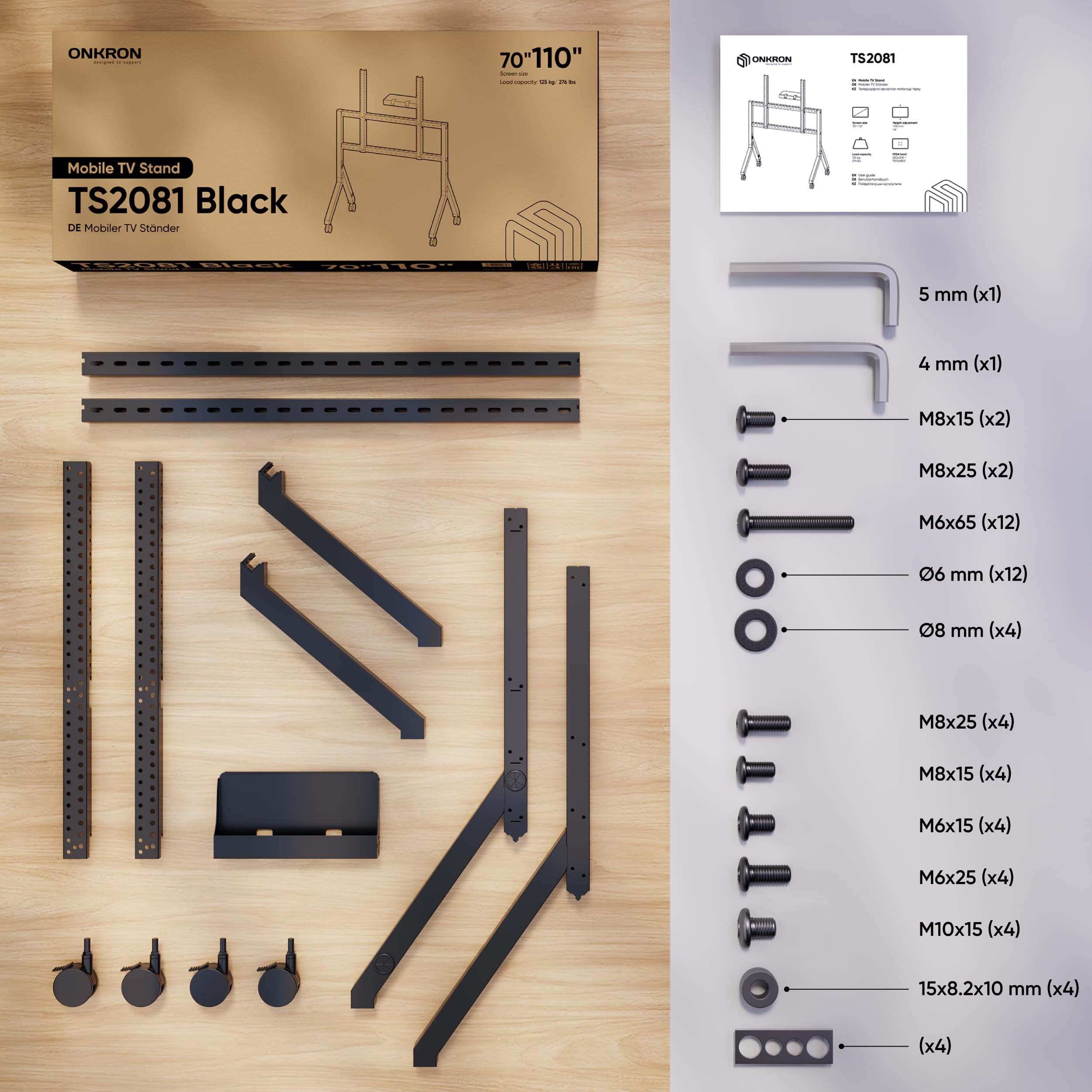 ONKRON TV Ständer rollbar für 70-110 Zoll Fernseher, max Belastung 125 kg, Fernseher Rollwagen mit Ablage, TV Standfuss VESA 200x200-1000x800, mobiler Fernsehständer mit Rollen Schwarz TS2081-B