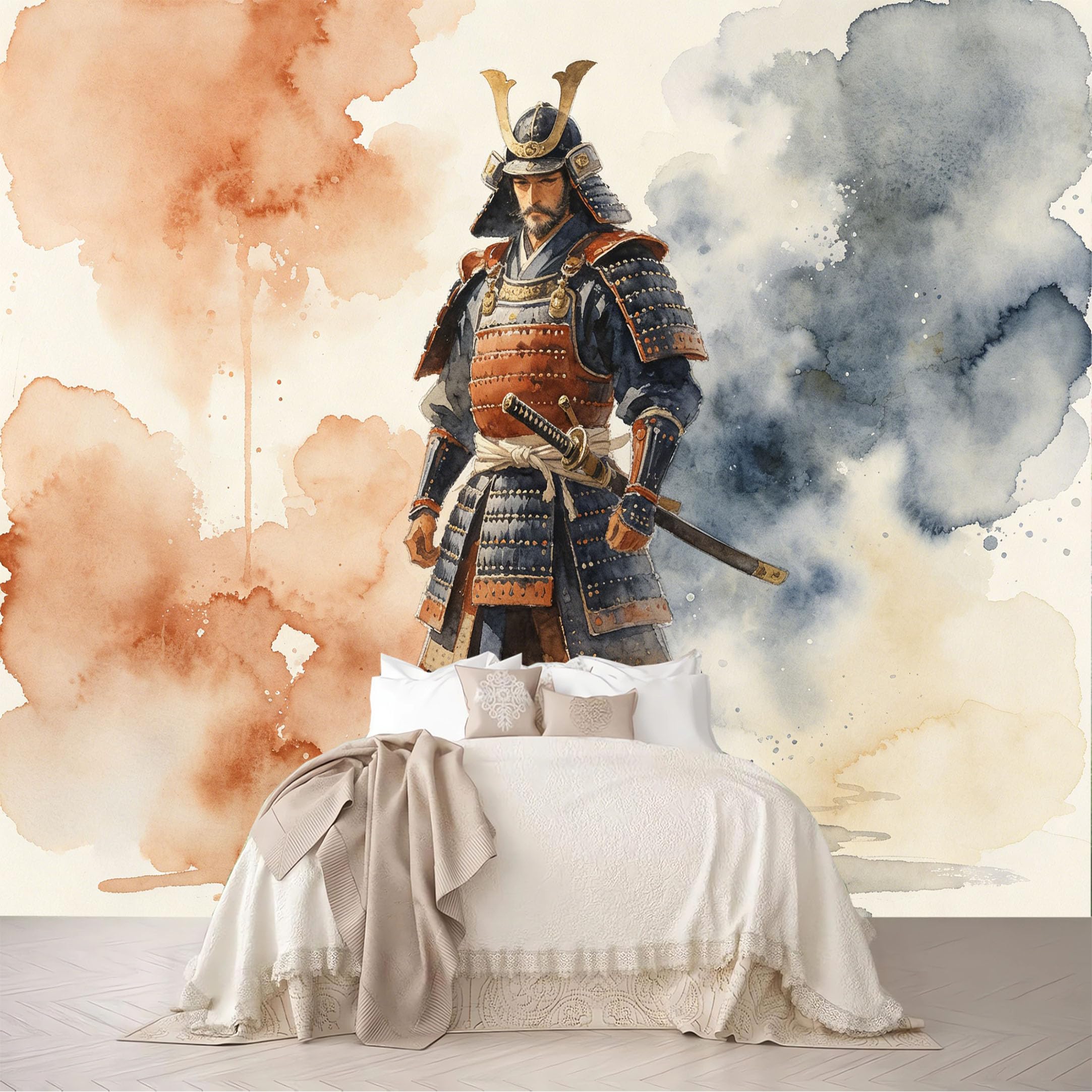 Custom Size Wall Murals Watercolor Full Armor Samurai Ink Wash Portrait Removable Self-Adhesive for Bedroom Living Room Dining Room