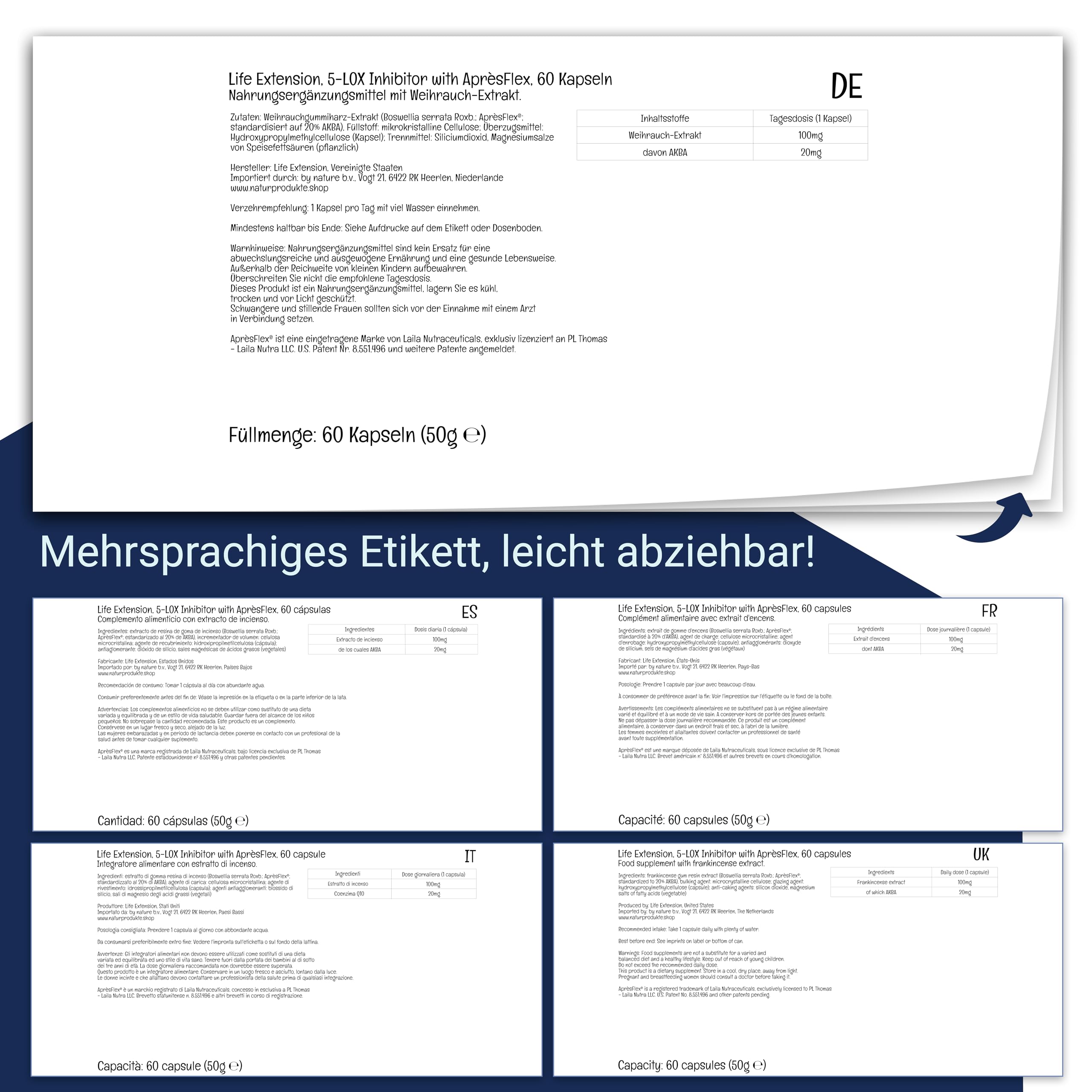 Life Extension, 5-LOX Inhibitor mit Après Flex, 60 vegetarische Kapseln, 100mg Weihrauch-Extrakt je Dosis, Glutenfrei, Sojafrei, GMO frei, Geschmacksneutral