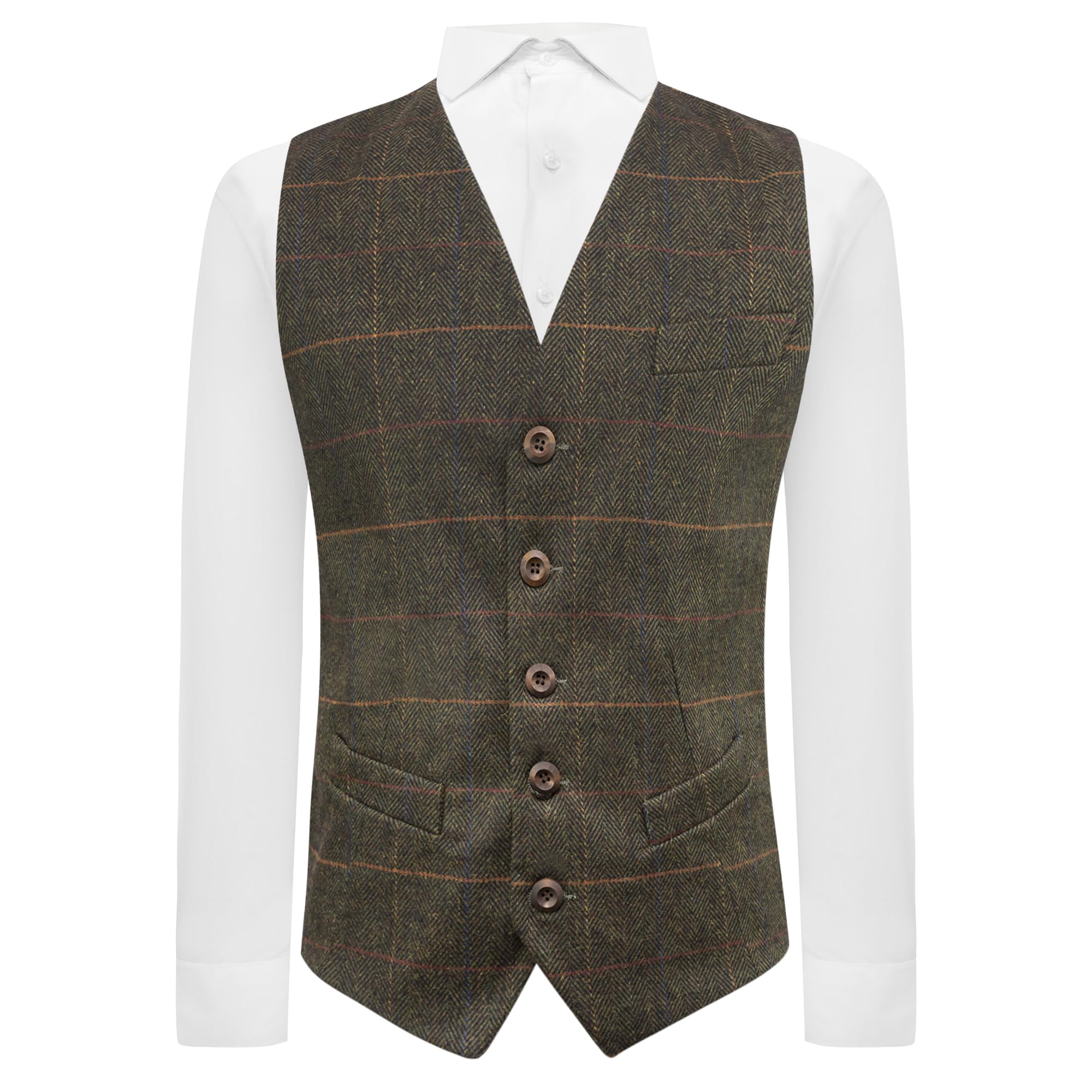 King & Priory Olive Green Herringbone Check Waistcoat - XXXL