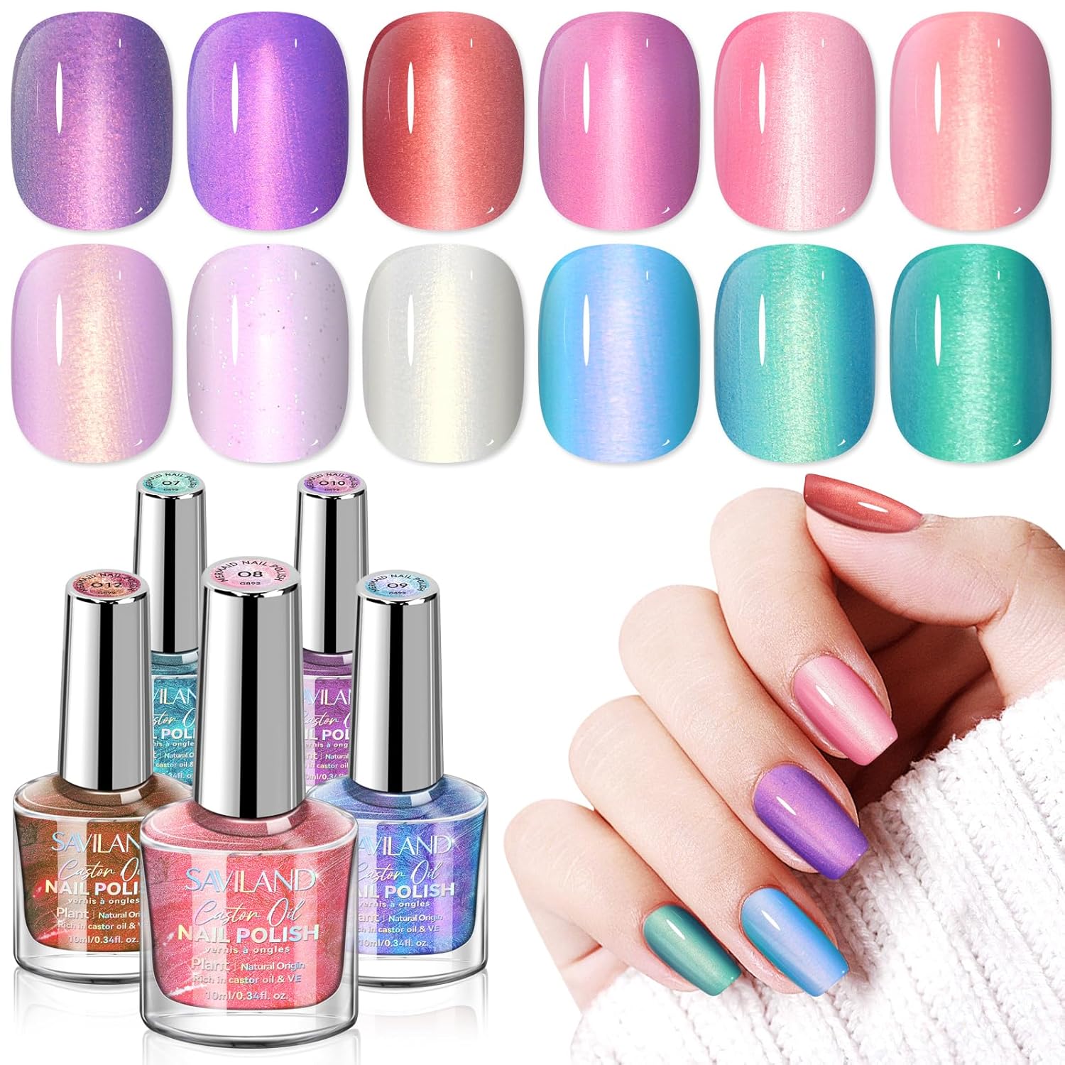 SAVILAND Pearl Nail Polish Set: Shimmer Glitter Aurora Quick Air Dry Nail Polish White Pink Purple Mermaid 12 Colors with Base and Nail Top Coat Manicure Salon DIY At Home Gift