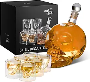 Oak & Steel - 25oz Skull Decanter with 6 Matching Glasses, Skull Bottle Decanters for Tequila, Vodka, Alcohol, Whiskey Decanter Set for Men, Him, Husband, Fathers Day Gift for Dad, Valentines Gift