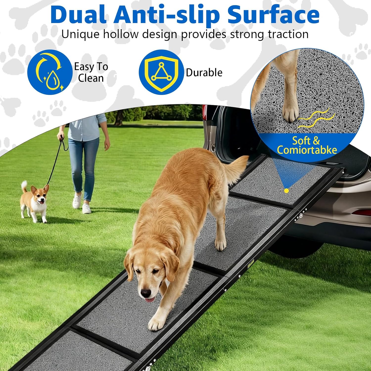 Dog Ramp for Car, Foldable Dog Ramps with Non-Slip Rug Surface Dog Car Ramp for SUV Car & Truck, Portable Dog Ramp Up to 200LBS (71" L x 20" W)