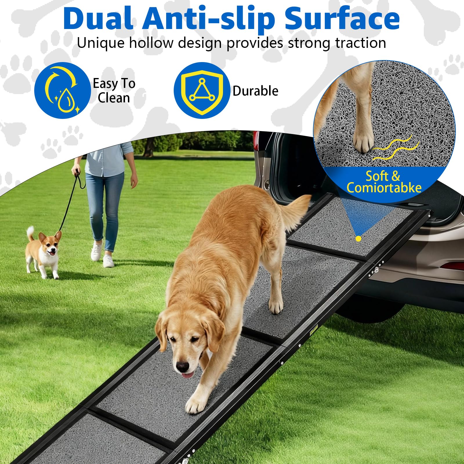 Dog Ramp for Car, Foldable Dog Ramps with Non-Slip Rug Surface Dog Car Ramp for SUV Car & Truck, Portable Dog Ramp Up to 200LBS (71" L x 20" W) - image 2