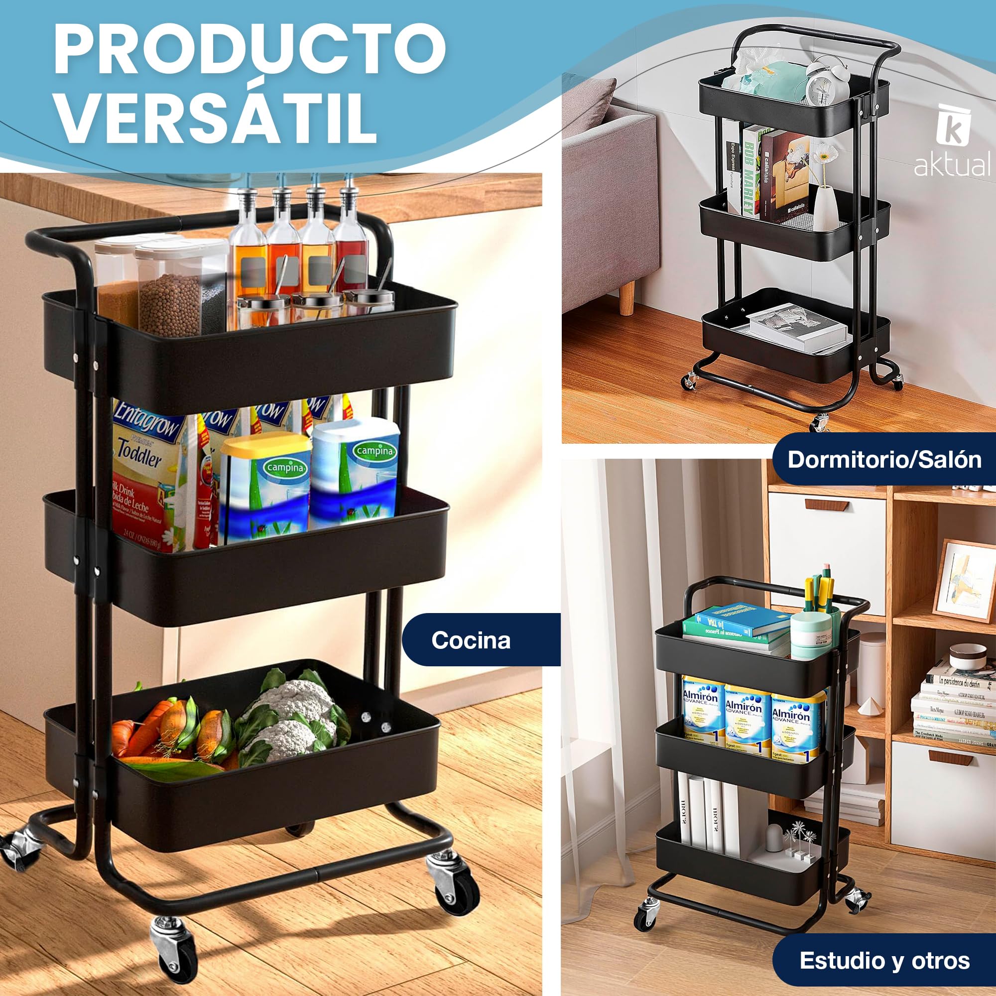 Carrito Auxiliar con Ruedas, Carro Organizador almacenaje con 3 Ganchos, 42x36x86cm. Ideal para baño, Cocina, salón, Oficina y estetica. Color Blanco.