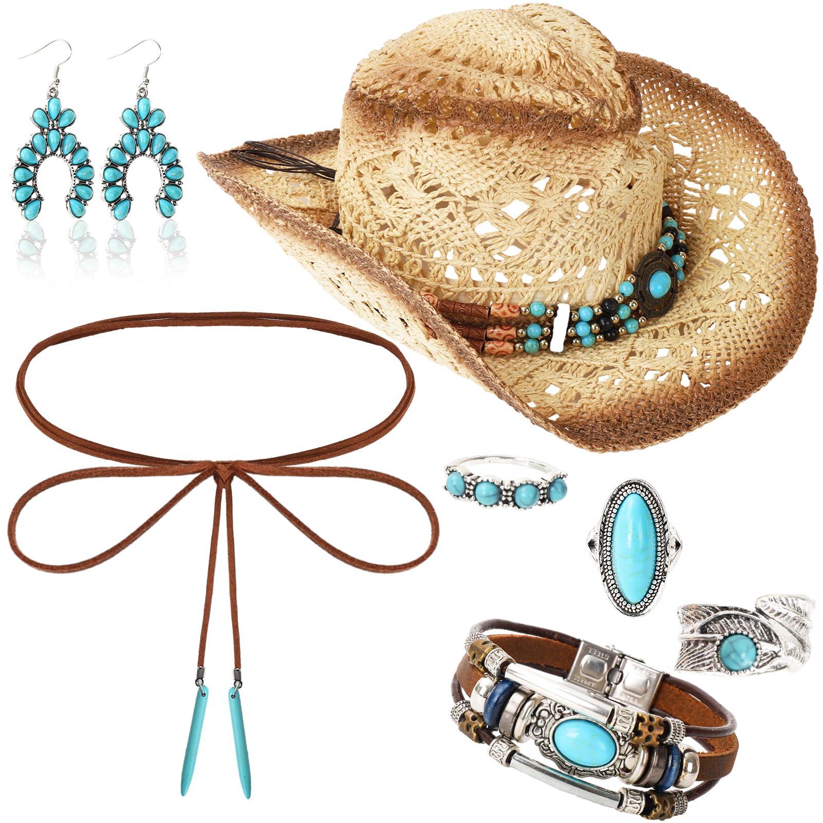 JarThenaAMCS 7Pcs Western Cowgirl Outfits Turquoise Jewelry Set Cowboy Hat Necklace Boho Layered Bracelet Dangle Earrings Ring for Women Party Costume