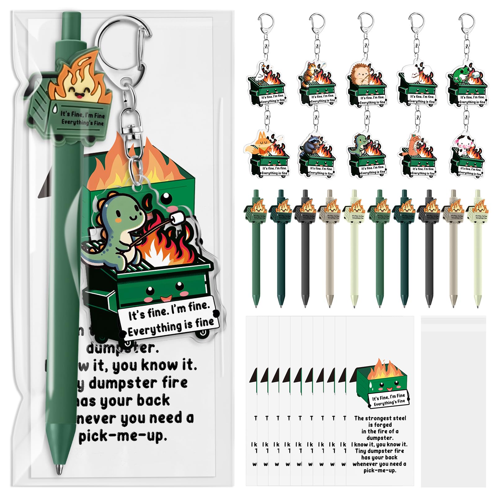 Sayglossy 20 Sets Funny Dumpster Fire Response Team Employee Appreciation Gifts Positive Animal Dumpster Ballpoint Pen Keychain Bookmark Emotional