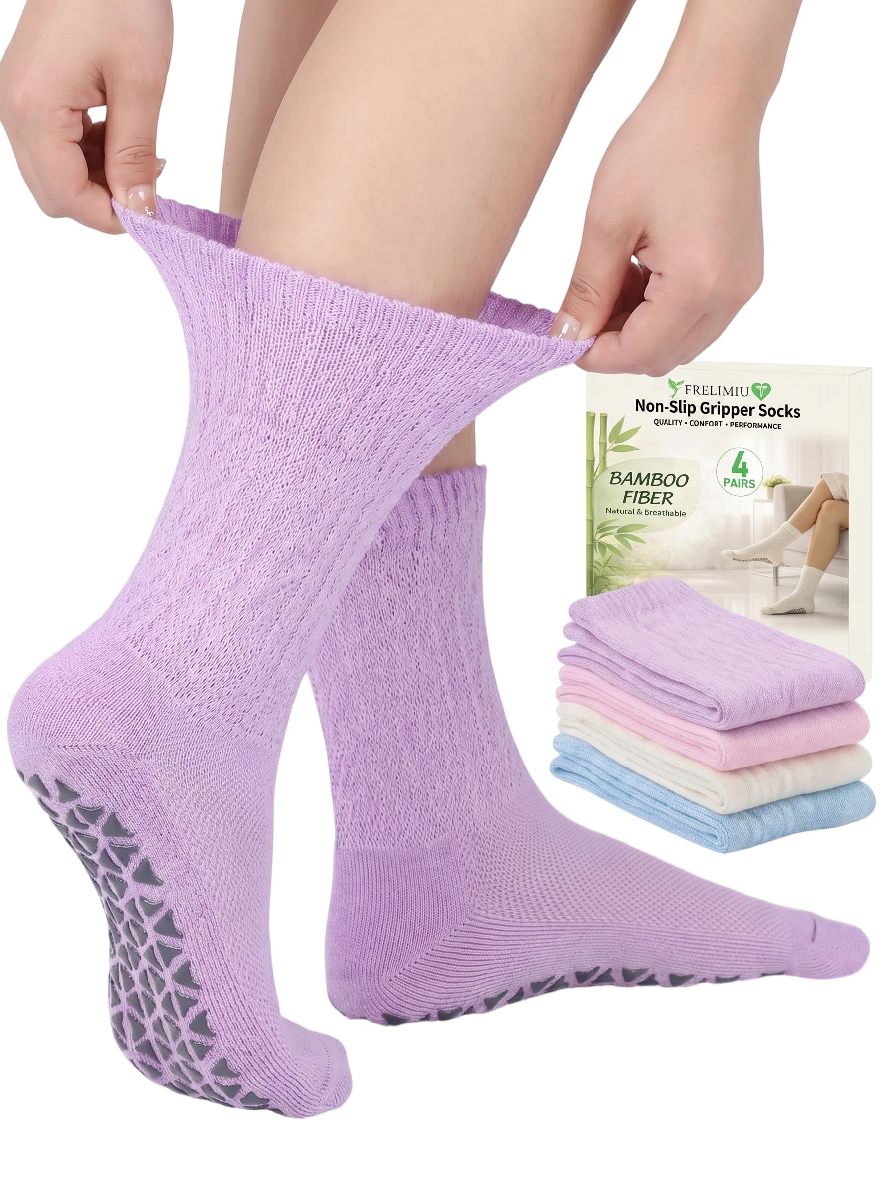 Frelimiu Diabetic Socks with Grippers for Women - 4 Pairs Soft Viscose Blend Hospital Grip Socks, Non-Slip Crew Socks with Non-Binding Loose Fit for Neuropathy Edema Elderly 10-14