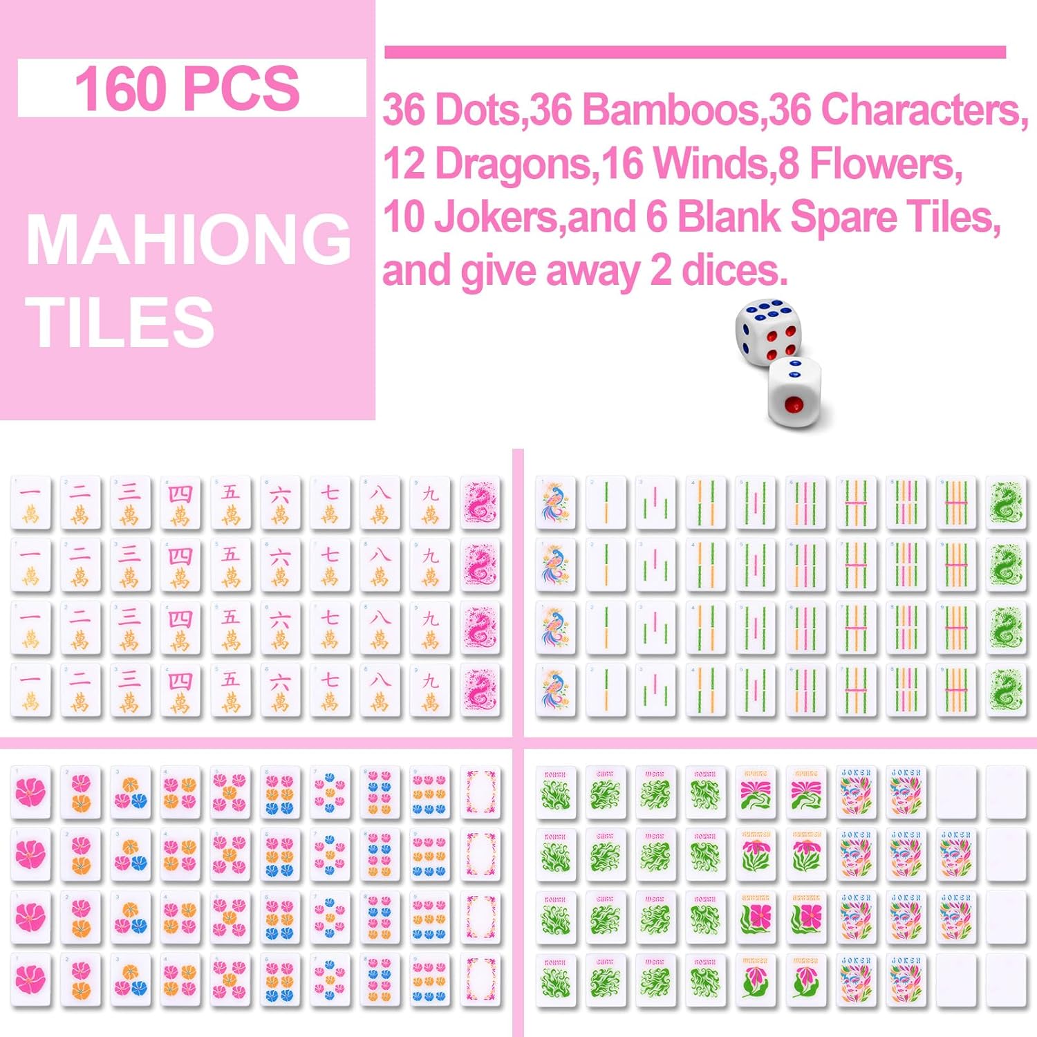 Soulchen Kaleidoscope Mahjong Tile Set 160 Mahjong Tiles 1.2'' Pink American Mahjongs Tile Set with Mahjongs Bag