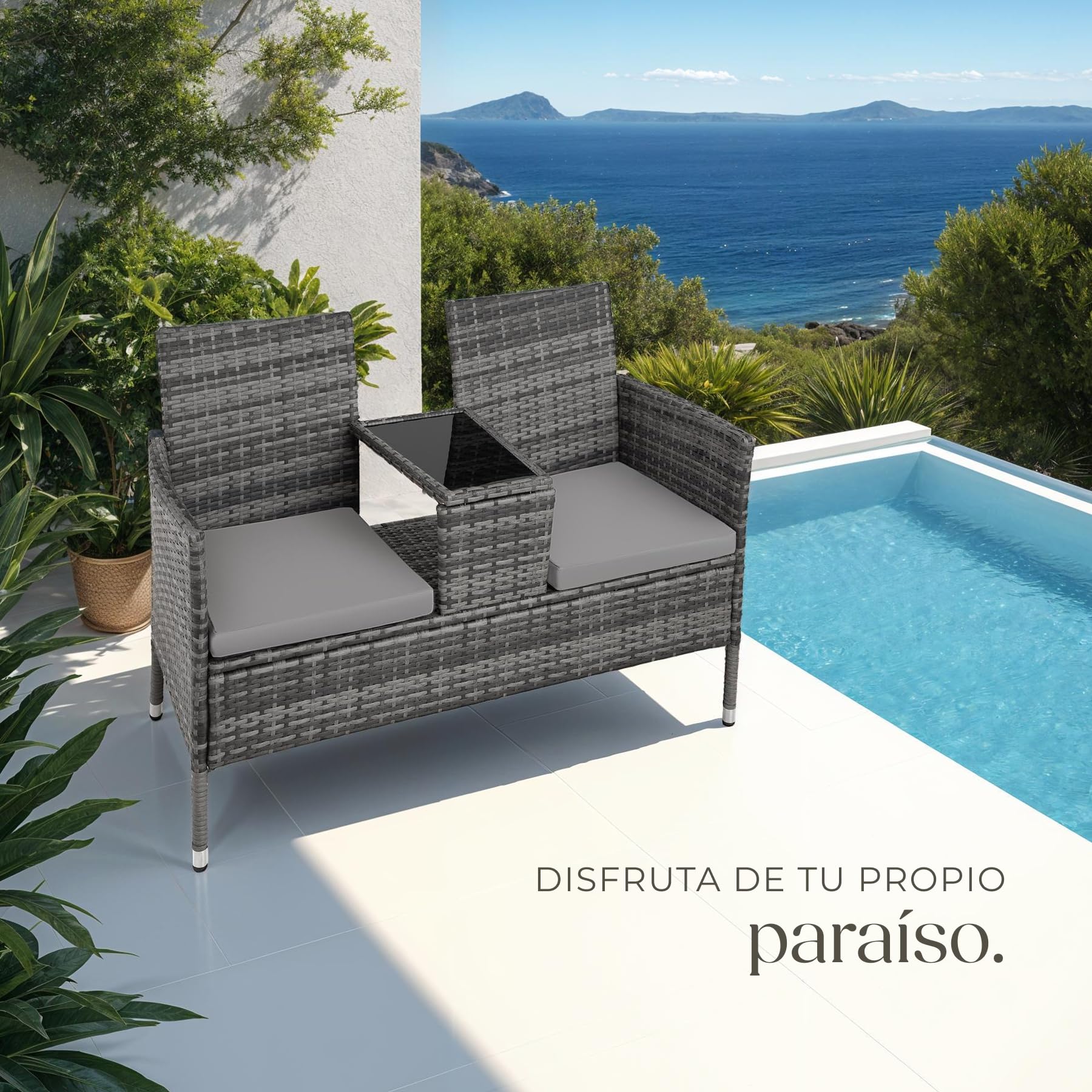 tectake® Banco Exterior con Mesa Integrada, 133 x 63 x 84 cm, Resistente a la Intemperie, Cojín de Asiento de 6 cm, Conjunto de Banco de Jardín para 2 Personas - Gris/Gris Claro