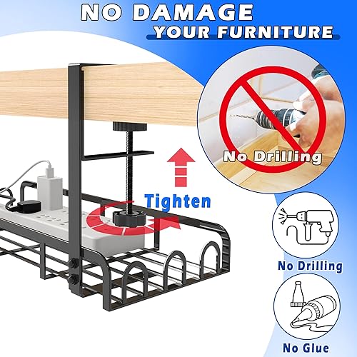 Miniatura 2 de Sleclean Bandeja de organización de cables para debajo del escritorio, abrazadera de brazo largo mejorada, 16.6 x 7.1 pulgadas, organizadores de