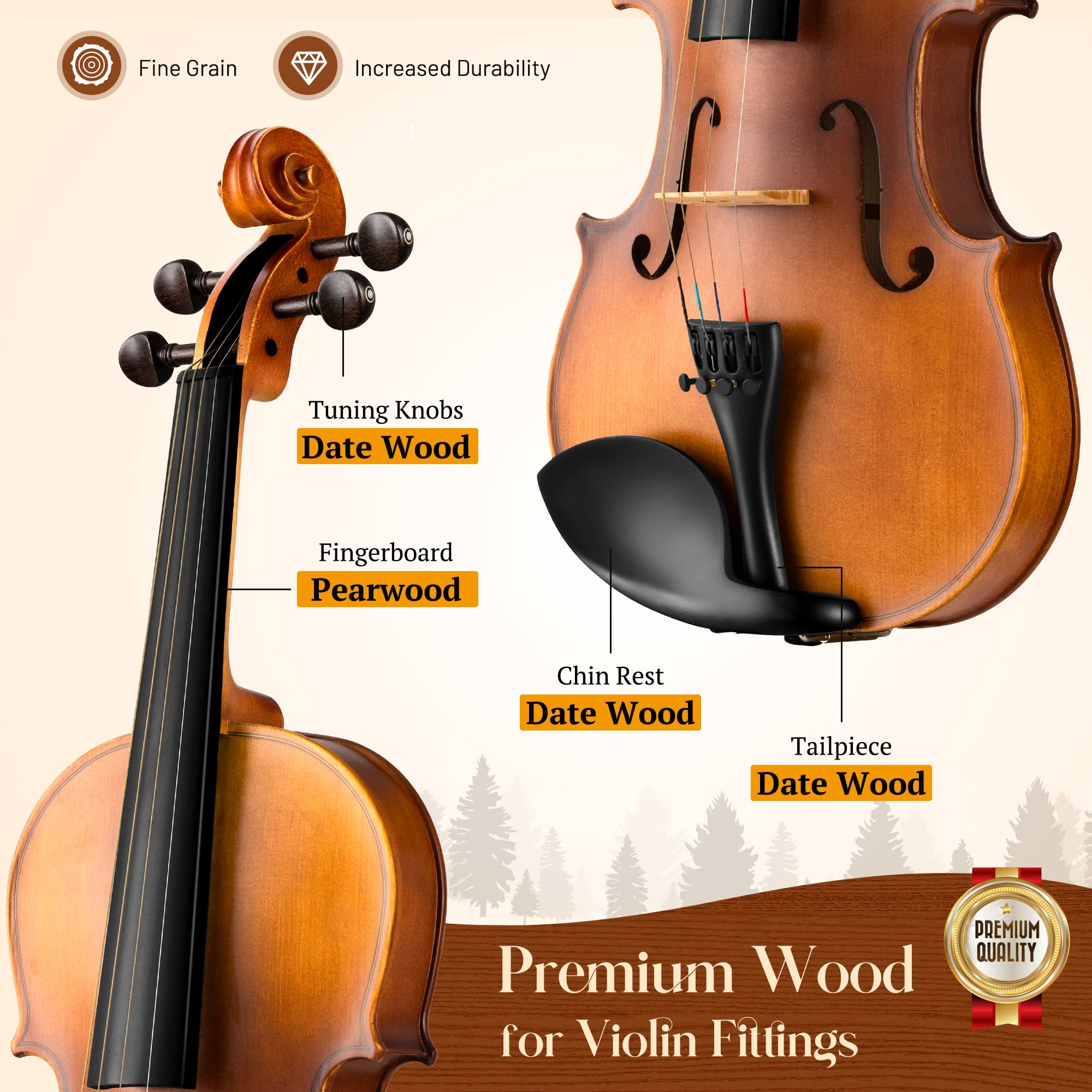 CAHAYA Violín 4/4 de Madera Maciza – Set Completo Hecho a Mano para Principiantes, Estudiantes y Adultos, con Estuche, Arco, Hombrera, Afinador y Resina