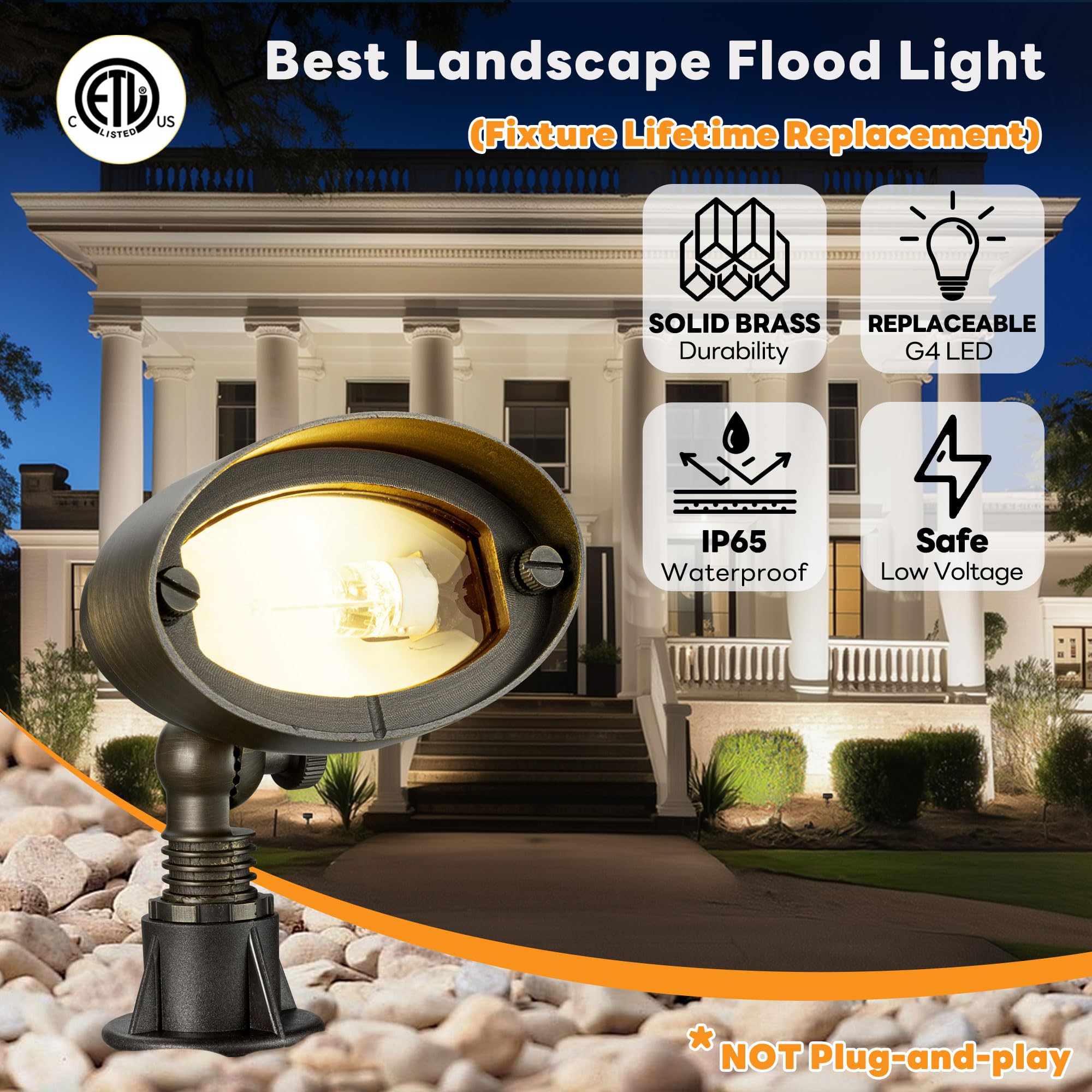 Gardenreet Solid Brass Flood Light - Low Voltage LED Wall Wash Landscape Light, 12V Outdoor Hardwired Waterproof, Bronze Angle Adjustable Lighting for Garden Tree Yard Wall Without G4 Bulb