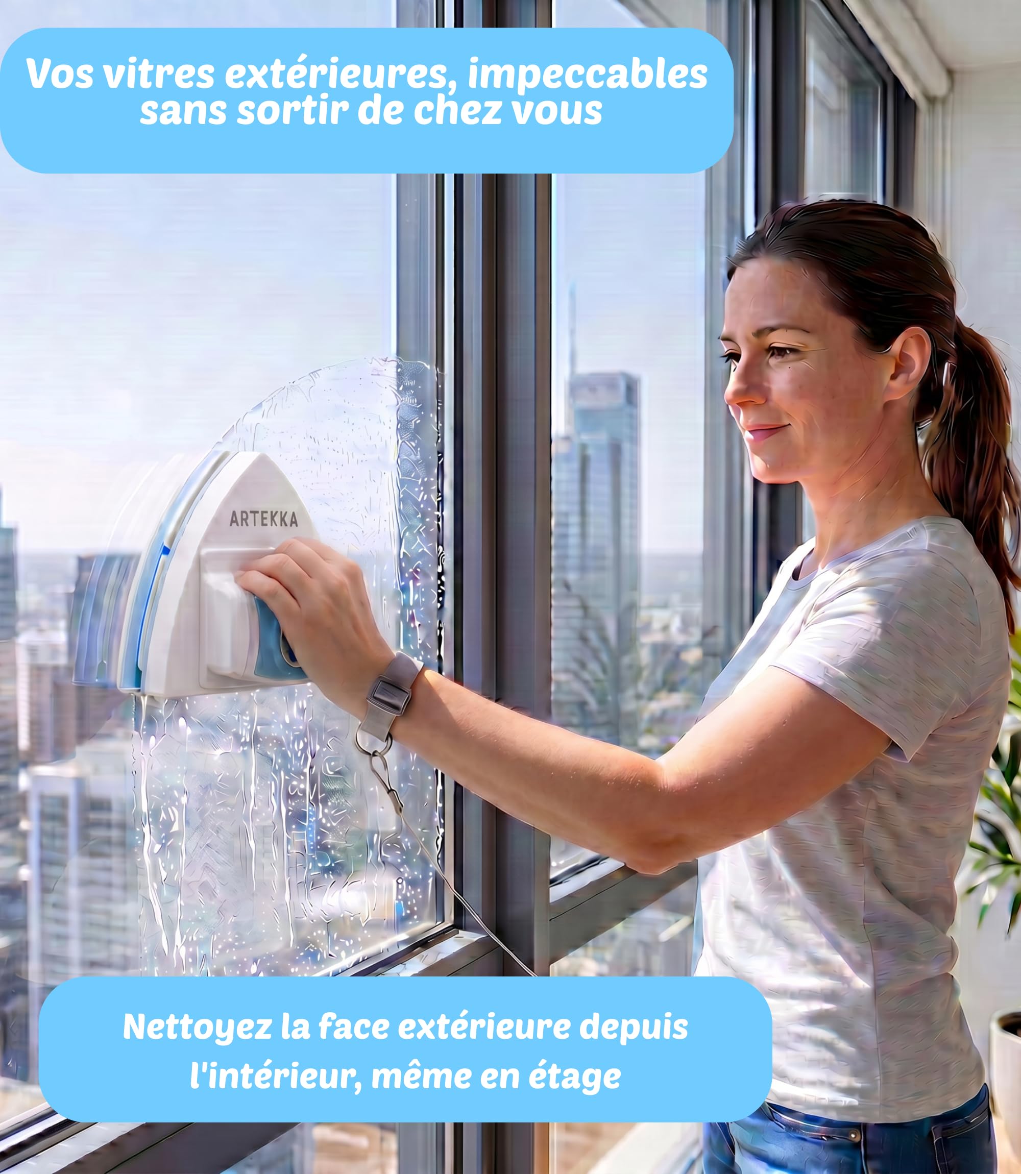 Lave Vitre Magnétique Double Vitrage 3-30 mm Brosse à Rainures Nettoyage Intérieur Extérieur Vitres Inaccessibles Kit Complet avec Recharges et Câble de Sécurité (1, Blanc Bleu et Gris)