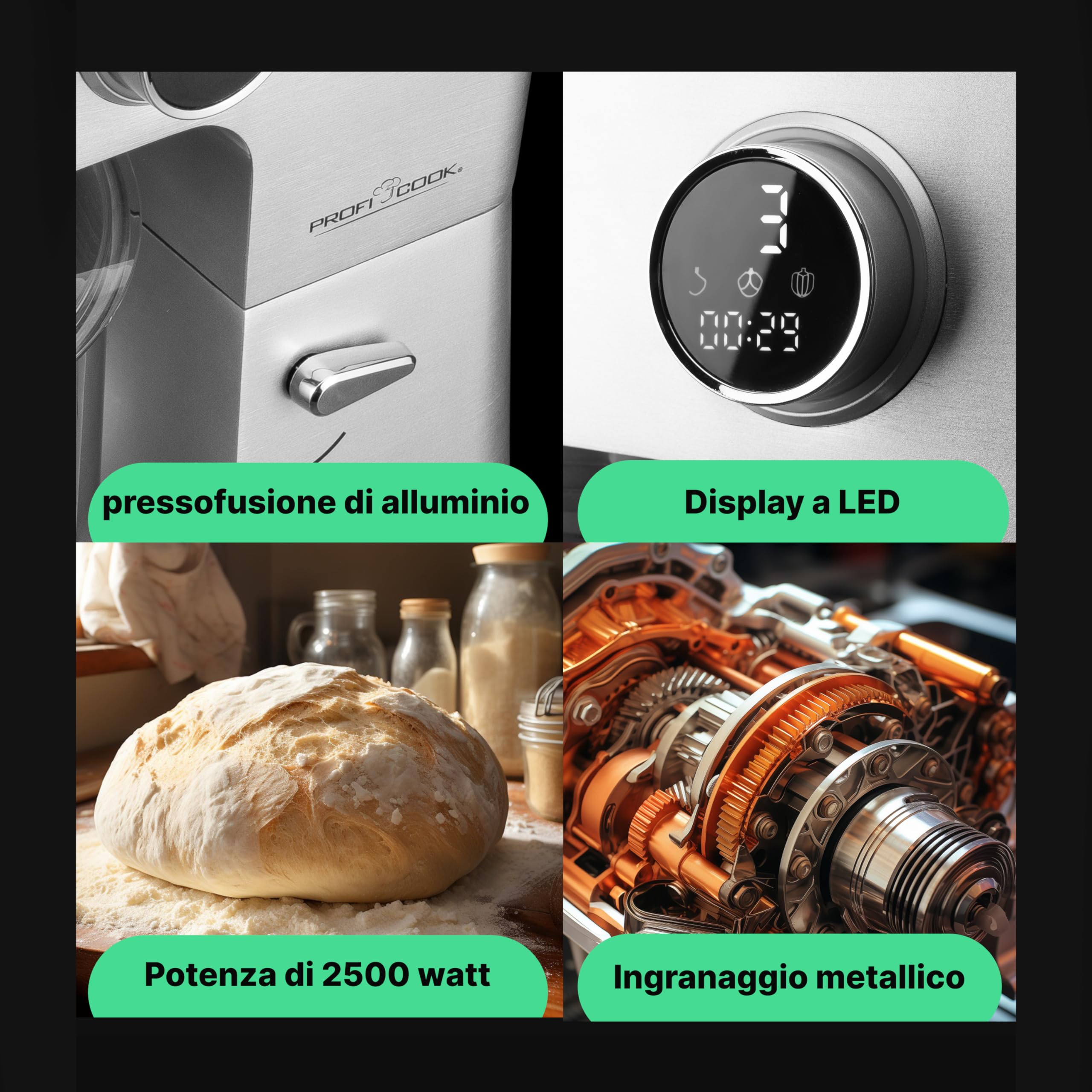 ProfiCook® Robot da cucina con ciotola XXL da 12 litri | Impastatrice con motore Longlife da 2500W | Ingranaggi in metallo e display a LED | Food Processor per impasti fino a 8,5 kg | PC KM 1254