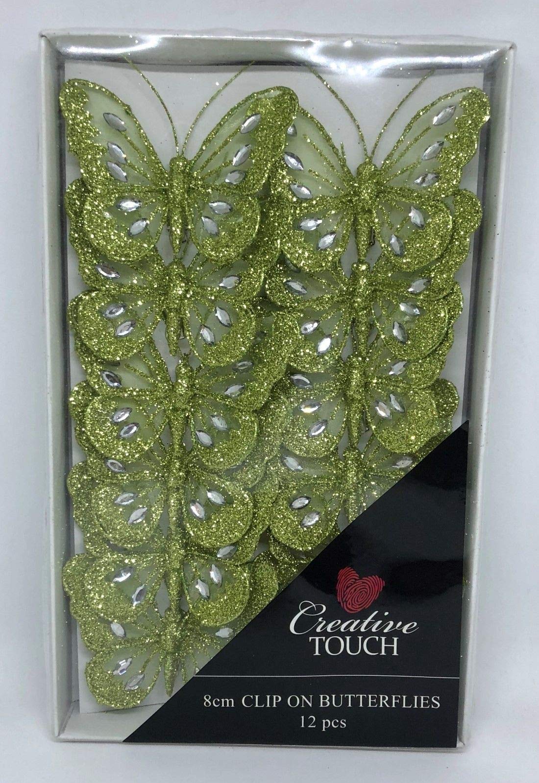 SET OF 12 Lime 8cm Diamante Glitter Mesh Jewelled Butterfly 3D Decorative Butterflies Wedding Home Party Event Craft Embellishment Festive Stylish Xmas Tree Christmas Decoration Curtain Clip On