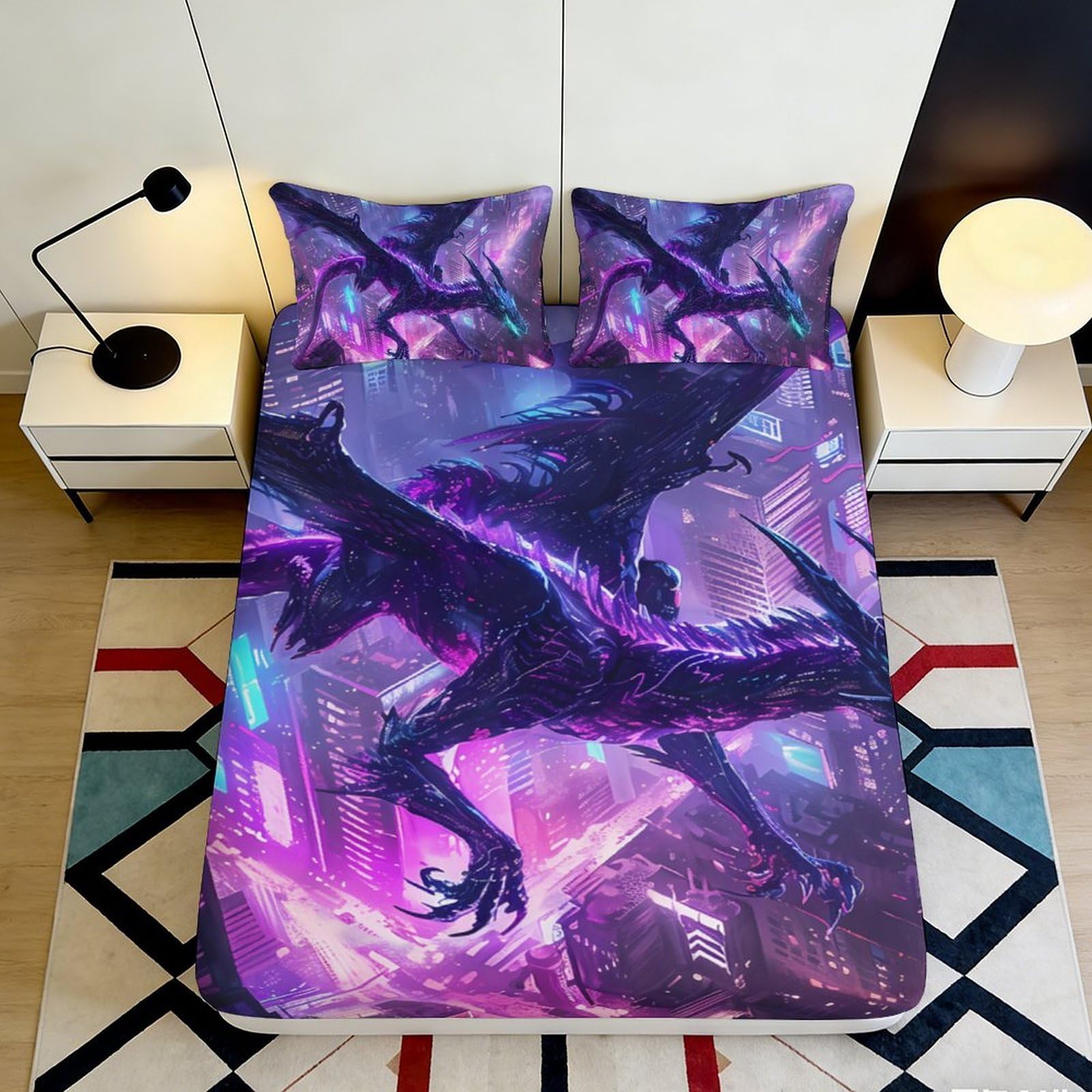 3D Printed Neon Dragon Fitted Sheet Microfiber Soft Durable Futuristic Cityscape Bed Sheet for Bedroom Dormitory Guest Room Mattress Protection 180x200x25cm