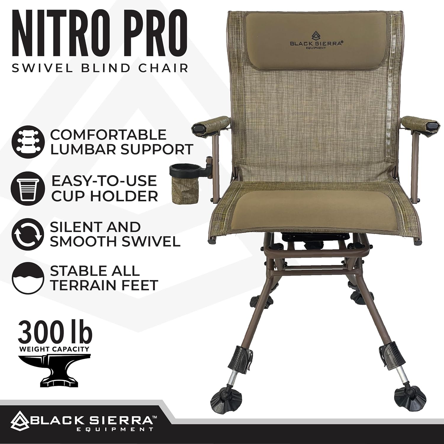 Black Sierra Heavy Duty Swivel Hunting & Camping Chair Supports 300 Lbs, XL 360° Silent Swivel for Hunting Blind, Portable Ground Chair w/All Terrain Feet, Padded Armrests w/Carry Strap and Cupholder - Image 4