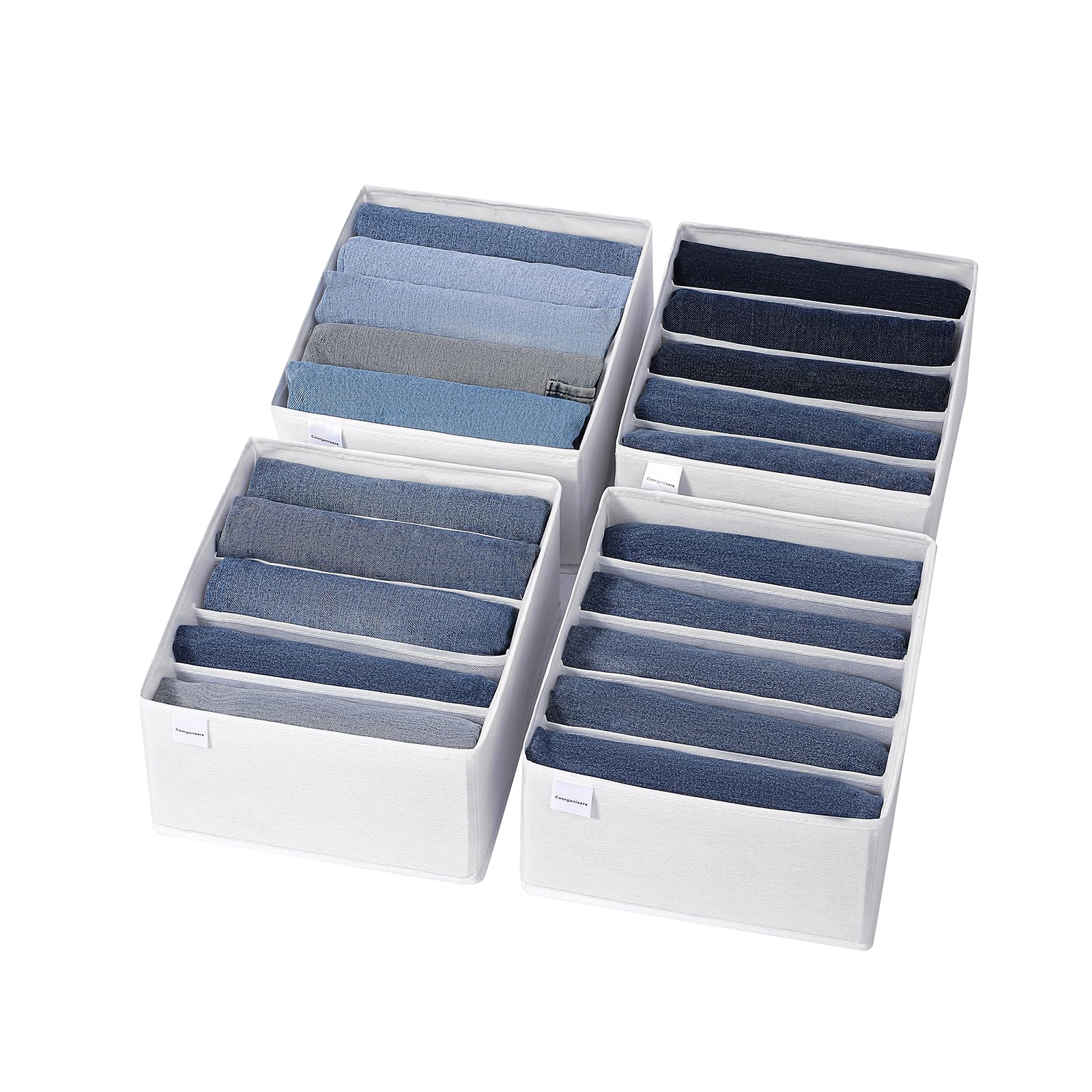 Paquete de 4 organizadores de cajones de jeans para ropa, organizador de ropa con 5 compartimentos de rejilla, organizadores de armario de tela lavable y contenedores de almacenamiento