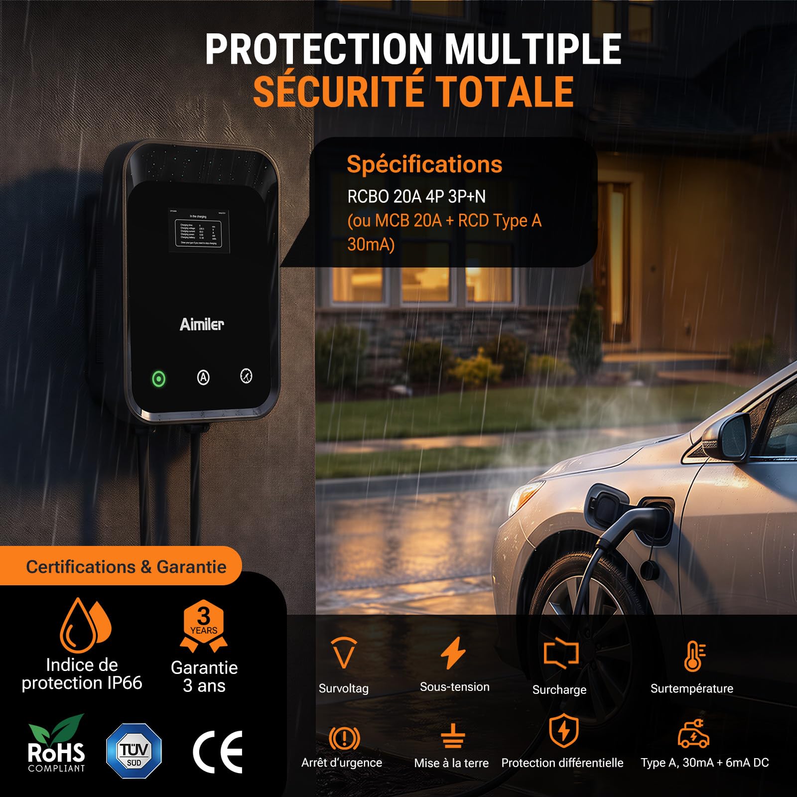 AIMILER Borne de Recharge 11kW Triphasé avec APP, Wallbox 11kW Type 2 Câble 7M, LCD 4.3", IP66, RCBO Type A 30mA+6mA DC, CE+TÜV, Minuterie & Départ Différé, pour Véhicules Électriques (BEV/PHEV)