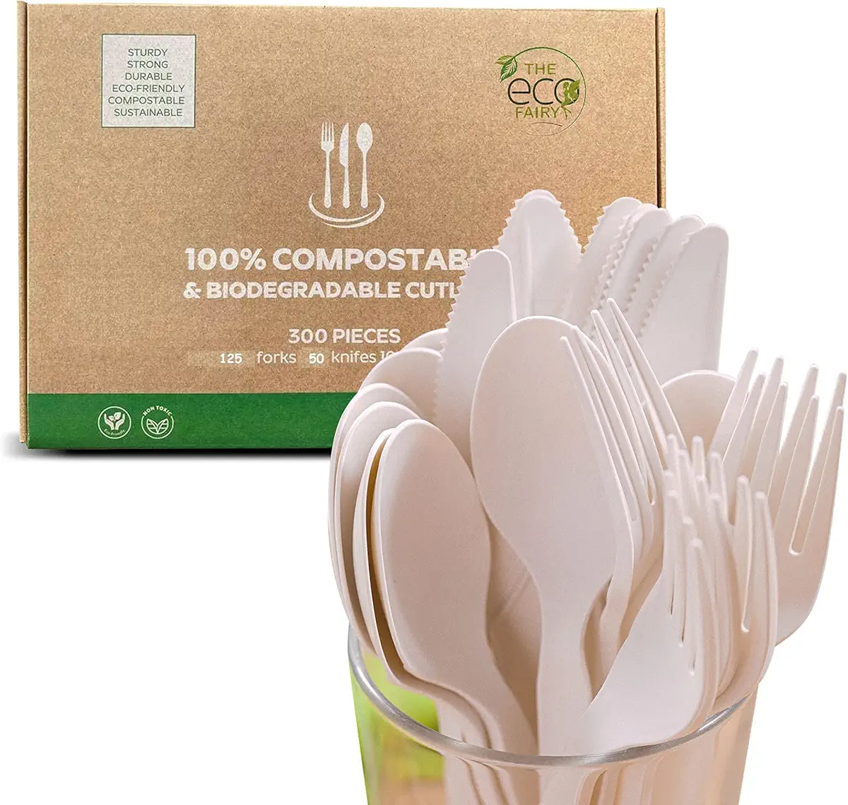 EcoFairy - 300-Piece Compostable Cutlery Set, Zero Waste Serving Utensils Set for Parties and Camping Trips, Biodegradable Kitchen Utensil Set