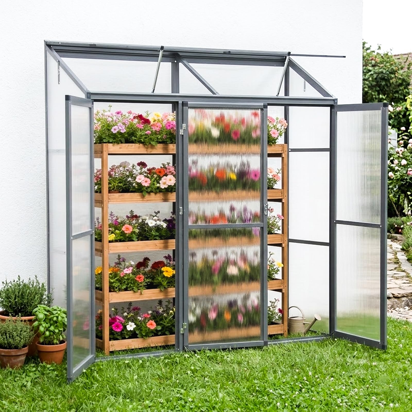 Anlehngewächshaus Aluminium Beistell-Gewächshaus (Grau) – 180x55x190cm, 3 Türen & 2 Oberlicht, geeignet für Zitronenbaum-Töpfe, Chrysanthemen & weitere Pflanzen, Greenhouse
