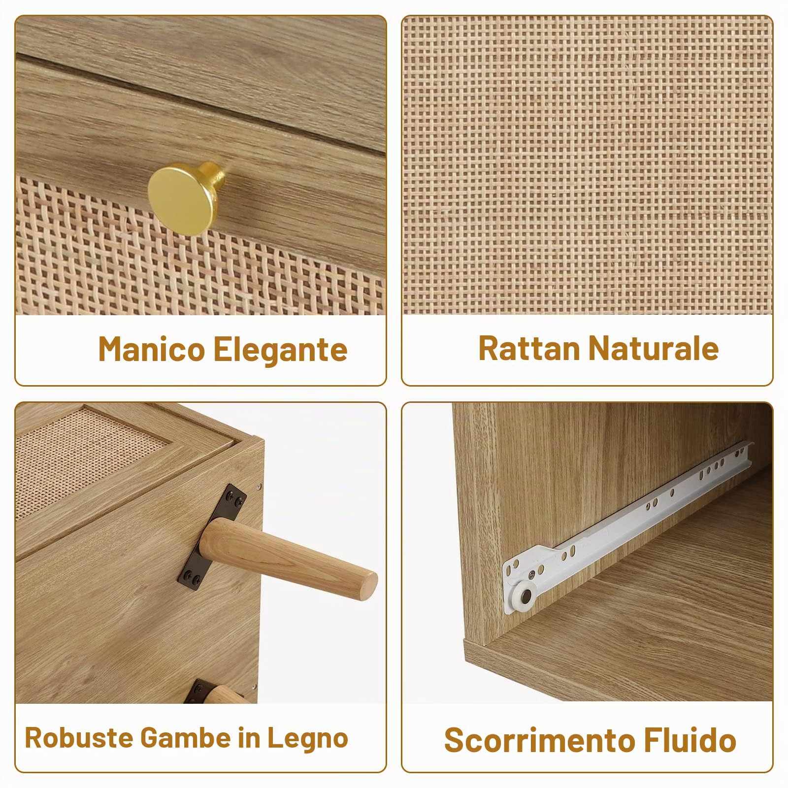 Rattan Cassettiera Camera da Letto, Comò Camera da Letto Moderno con 3 Cassetti, Gamba in Legno Massello, per Ingresso, Soggiorno, Cameretta e Corridoio 80 x 40 x 91.4 cm