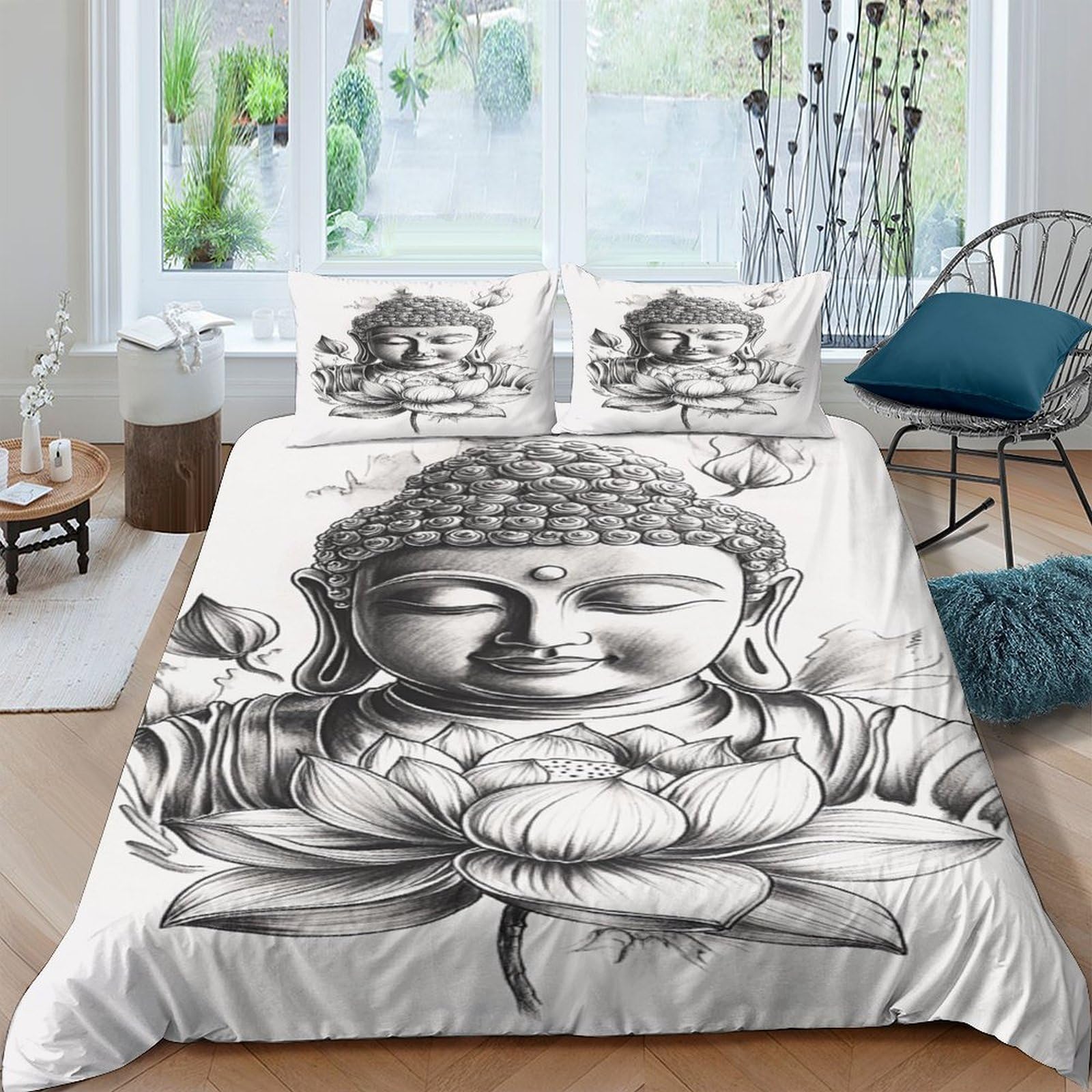 P5V6M1Q9 3D Printed Buddha Lotus Duvet Cover Microfiber Soft Breathable Zen Meditation Bedding Set with 2 Pillowcases for Bedroom Decor Single（135x200cm）