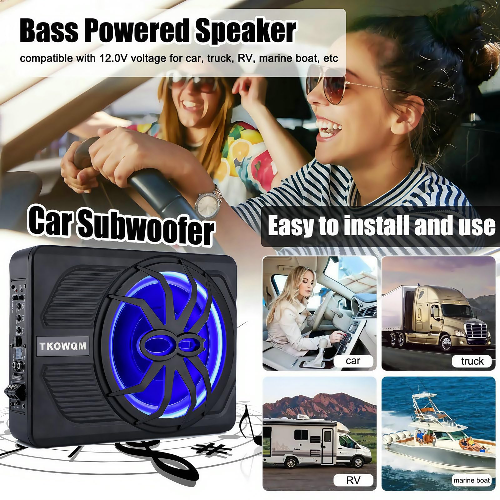 Subwoofer Activo para Coche 10" 800W, Subwoofer Autoamplificado Bajo Asiento con Amplificador Integrado y Luz LED Azul para Coche