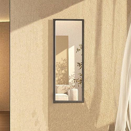JUFU Espejo de piso de longitud completa o apoyado contra la pared, 44 x 16 pulgadas con marco de madera maciza gris adecuado para vestidor,