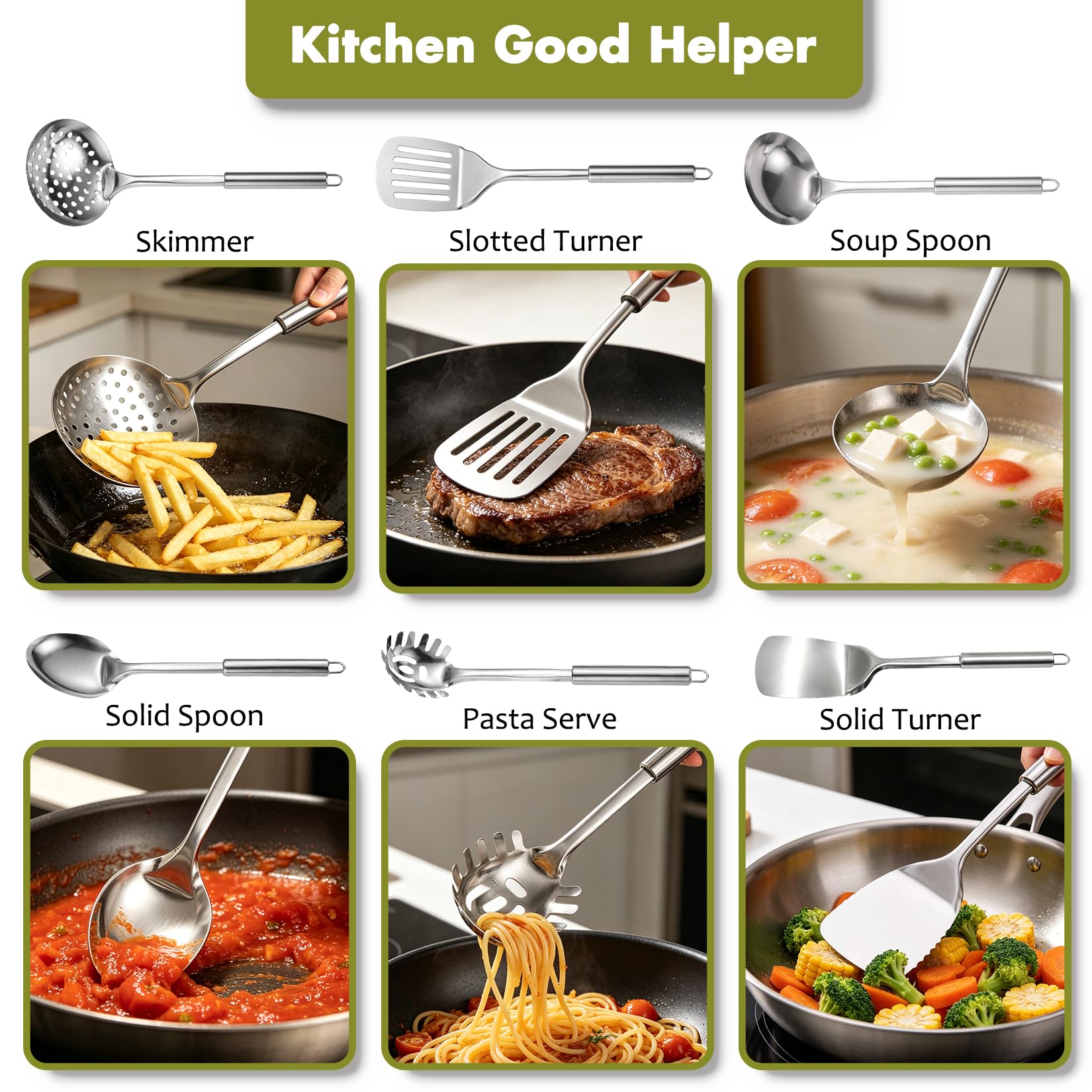 Juego de utensilios de cocina de acero inoxidable, juego de 12 utensilios de cocina con soporte, resistente al calor, para cocinar con volteadores, triturador de patatas, espátula, cucharas, pinzas,