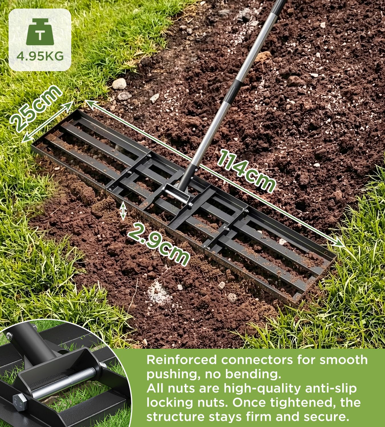 Grabie do trawy 114 x 25 cm (regulowana szerokość), z bardzo długim metalowym trzonkiem o długości do 2 m, wytrzymała grabie Gardena, łatwe grabie do ogrodu, golfa i podwórka