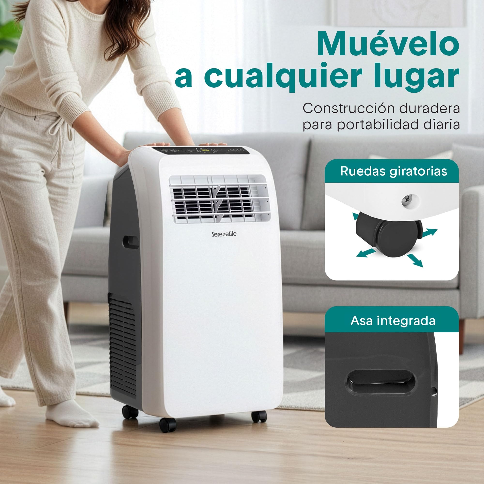 SereneLife Aire Acondicionado Portátil, 12.000 BTU, Móvil, Silencioso, Deshumidificador, Ventilador, Kit Escape Ventana, Mando a Distancia, Ideal para Casa y Oficina