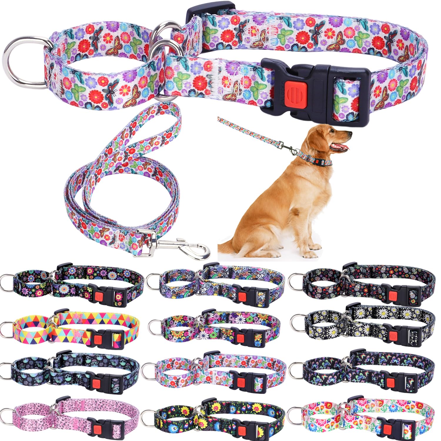 Weimostar Martingale Dog Collar and Leash Set with Quick Release Buckle Adjustable Soft Puppy Collars for Small Dogs Pets Pink Butterfly Flowers S