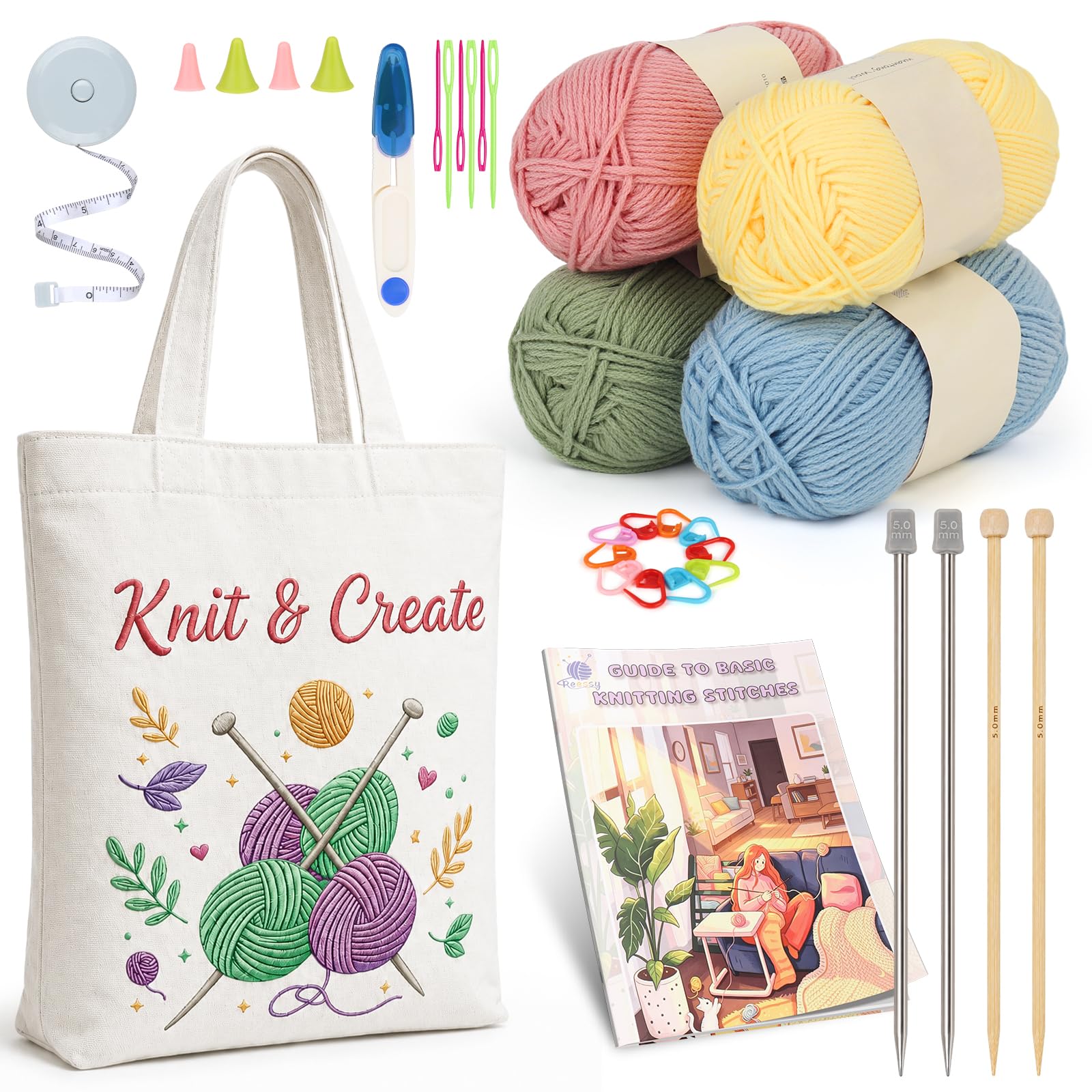 Reessy Knitting Kit for Adults, Professional Knitting Set with Wool