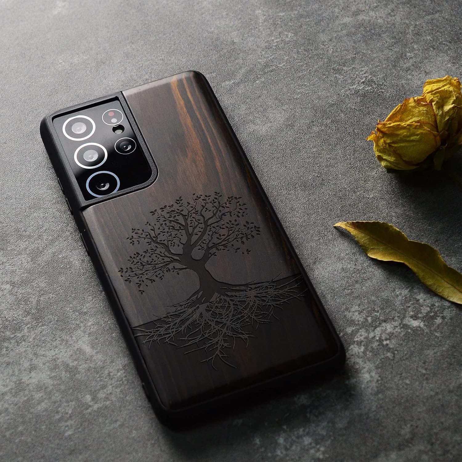 Carveit Wood Case for Galaxy S21 Ultra - Natural Wood & Soft TPU - Shockproof Protective Cover - Unique & Classy Wooden Case - Compatible with Samsung S21 Ultra 5G (Tree with Roots - Blackwood)