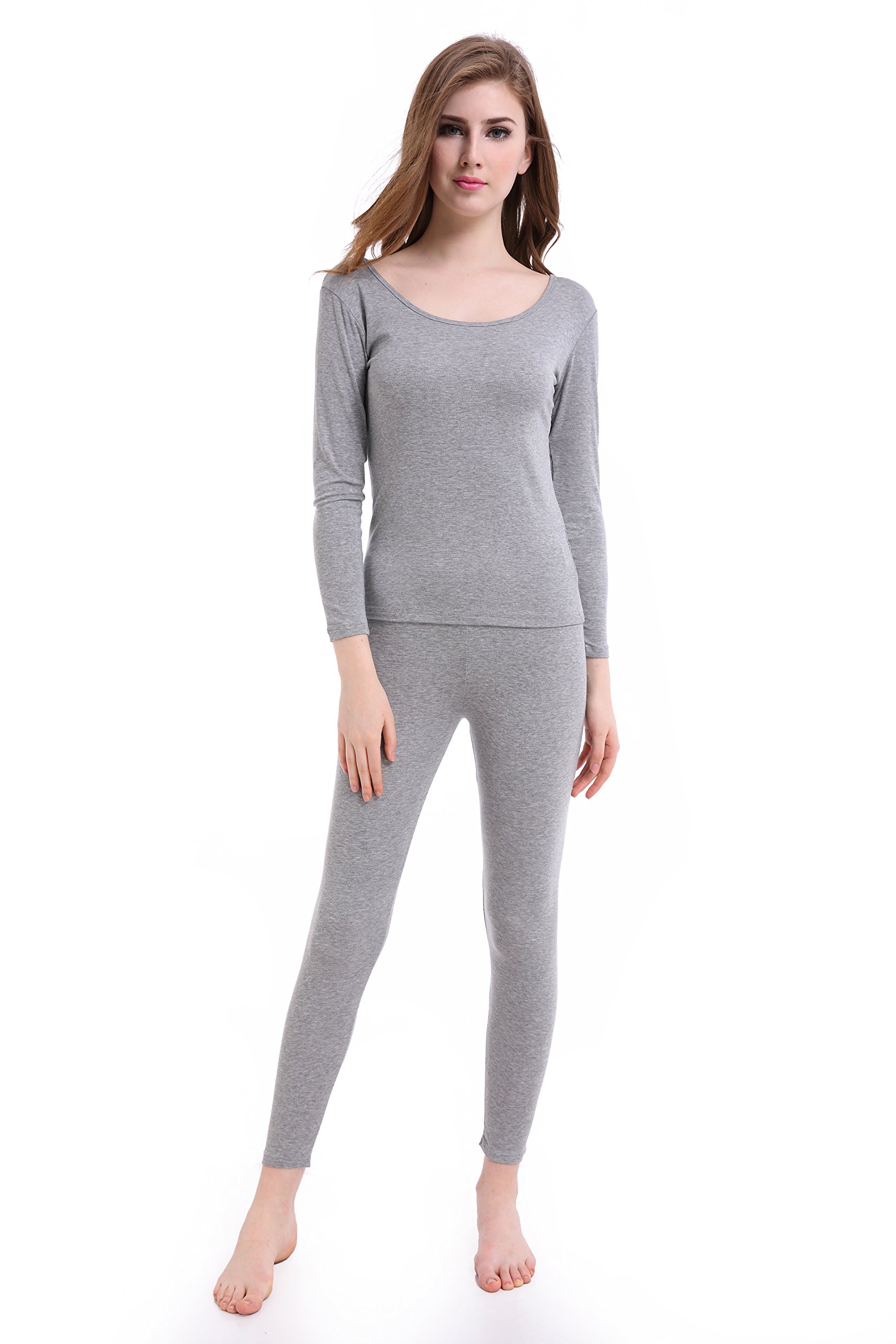 Cnlanrow Women's Light Gray Ultra Thin Thermal Underwear Sets Crew Neck Base Layers Set