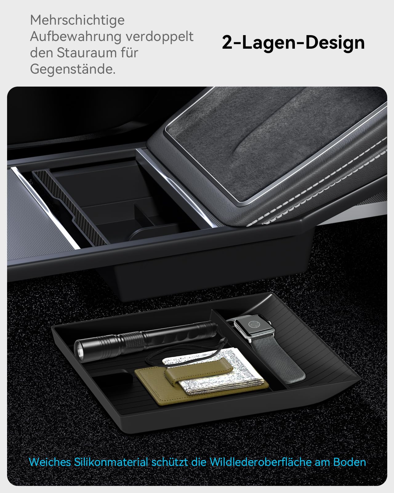 4 Pcs Tesla Model Y 2025-2026 Juniper Mittelkonsole Organizer [Unterteilte Ablage Doppellagig] Smooth Slide Technology Aufbewahrungsbox Armlehnenablage Zubehör für Model Y Juniper (Schwarz)