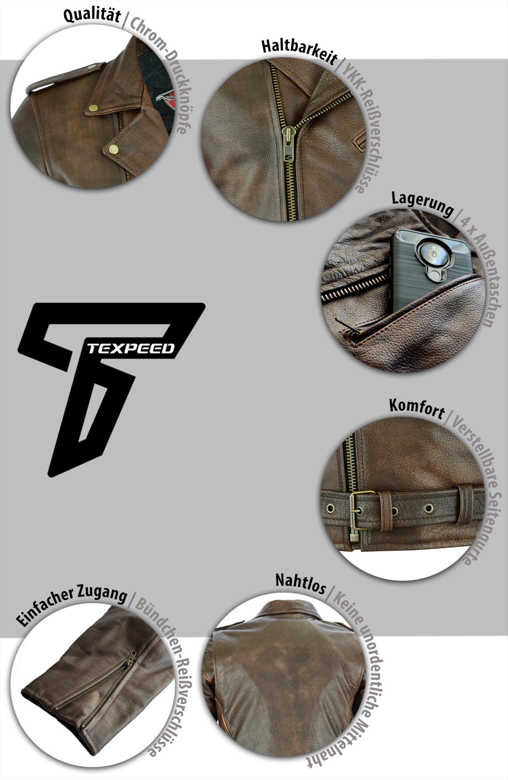 Texpeed Braun Motorrad lederjacke herren mit protektoren - Marlon Brando Retro Chopper Rockerjacke - Mit Original Biker Rüstung (EN 1621-1) Schutz L