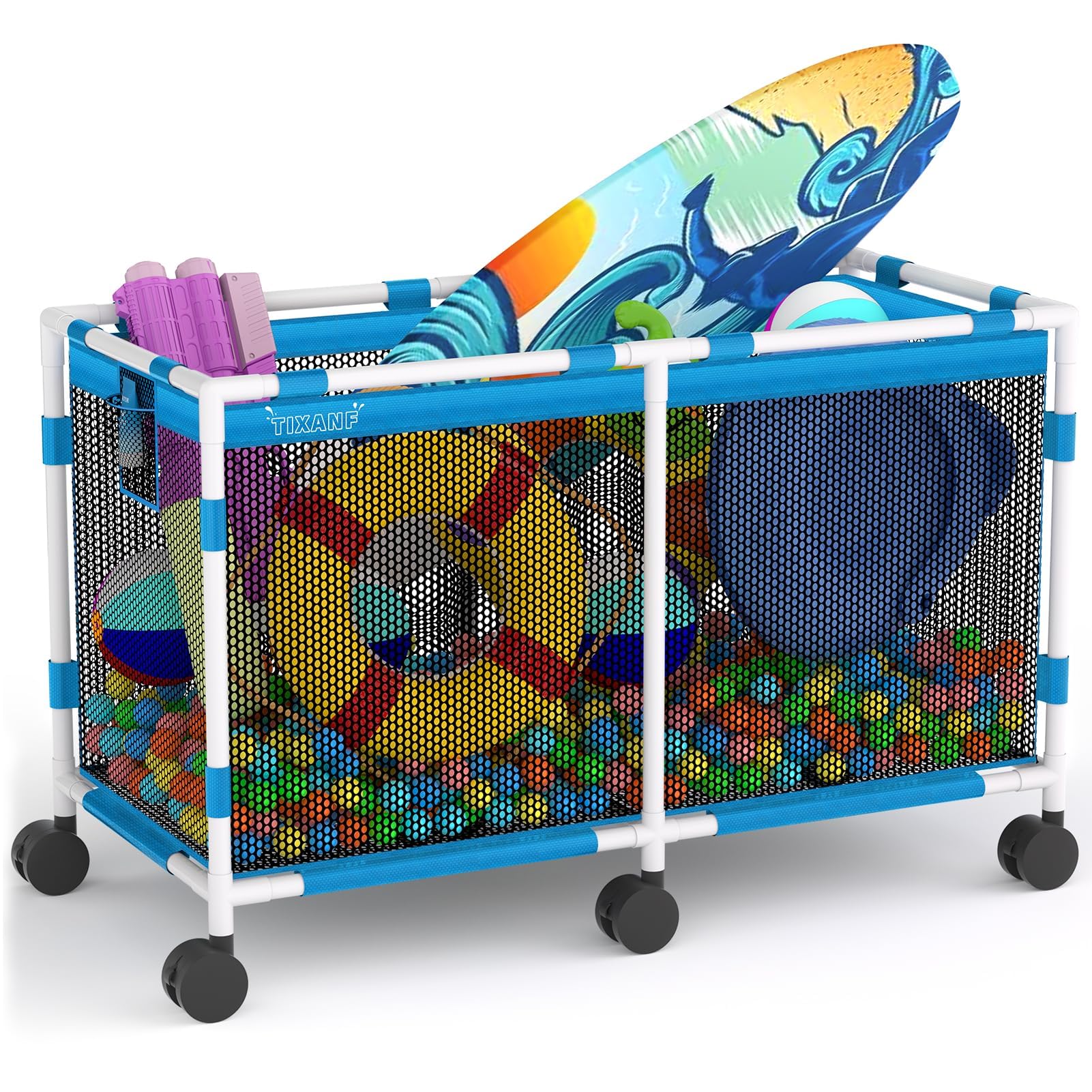 Pool Storage Bin - 235 Gallon 69" L Extra Large Pool Float Storage Organizer with Heavy Duty Tear & Sunlight Resistant Nylon Mesh, 360° Rolling Pool