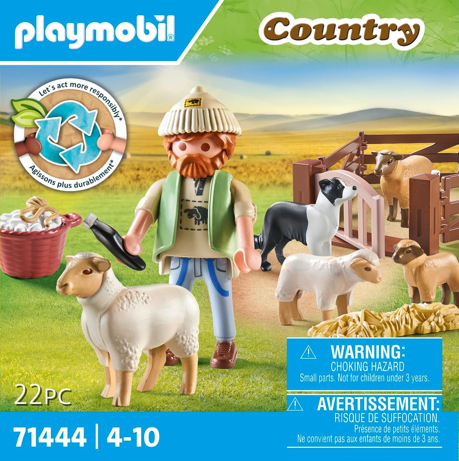PLAYMOBIL Country 71444 Shepherd with Sheep Flock, Border Collie, Hair Clipper and Straw, Imaginative and Fun Role Plays, Toys for Children Ages 4 and Up