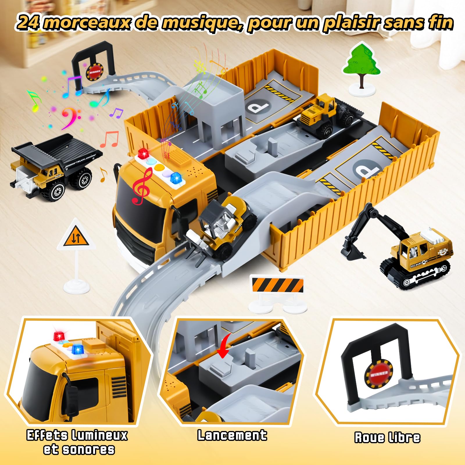 PATEMZON Véhicule Chantier Jouet Enfant, Jouets de Construction Enfants, Ensemble Camions de Chantier avec Son et Lumière, Grue à Tour, Excavateur, Fourchonneuse, Cadeaux pour Garçons 3 4 5 6 Ans