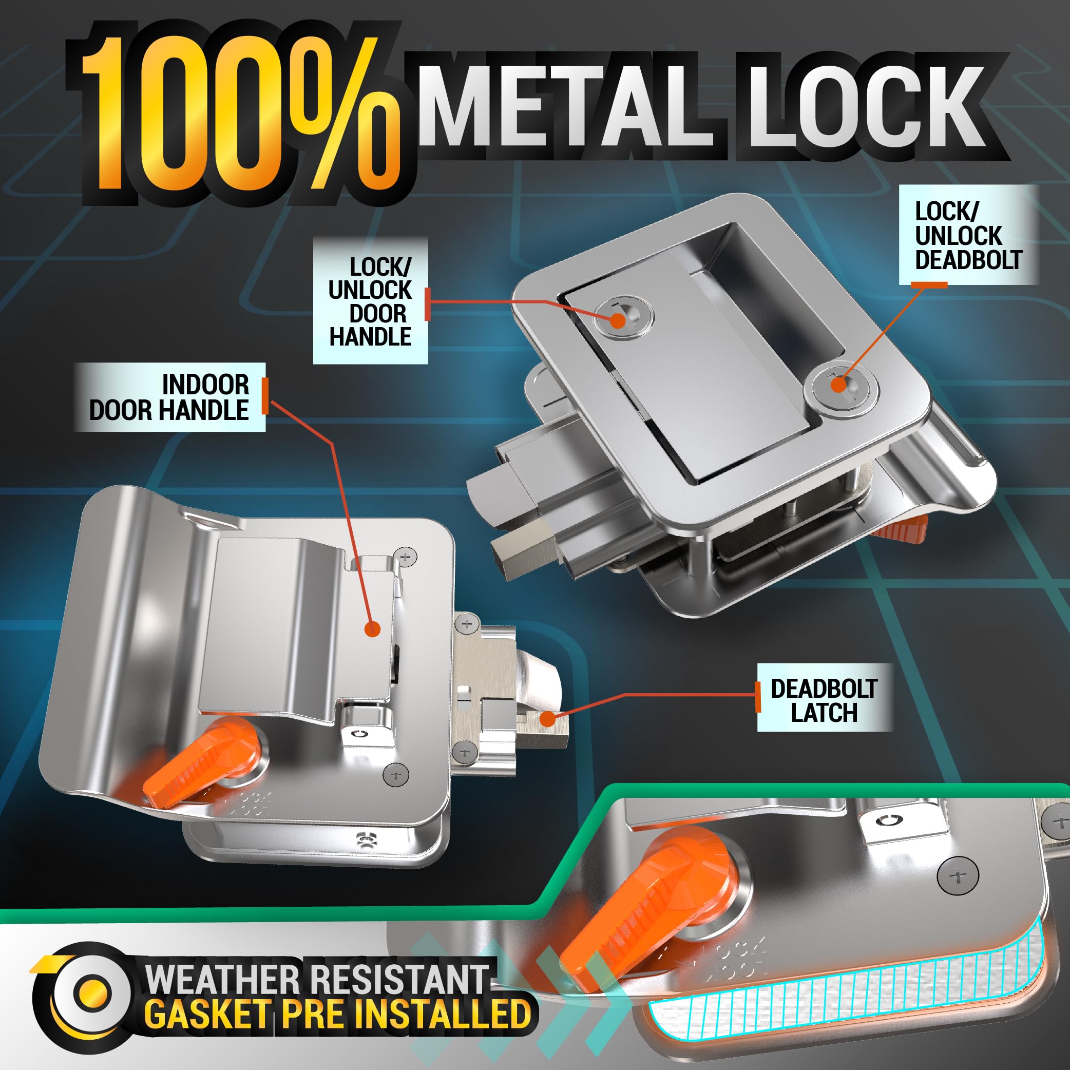 LATCH.IT Chrom-Türriegel für Wohnmobile, Wohnmobil-Türschlösser für Reiseanhänger, 100% Metall, mit 4 Camper-Schlüsseln, einfach zu installieren und passend für die meisten Personen.