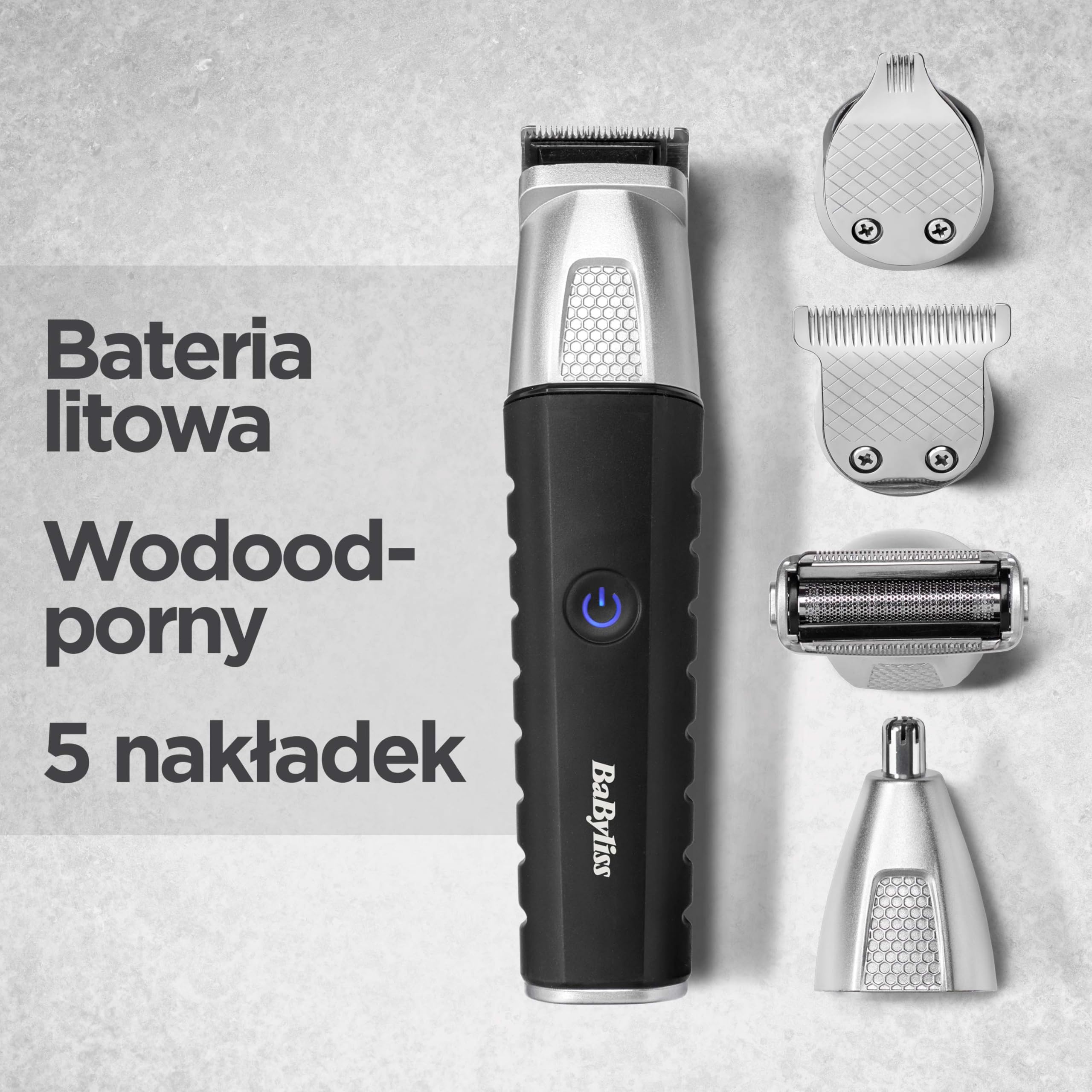 BaByliss Lithium Power 11 w 1 Multi-Trimmer - bezprzewodowy zestaw do pielęgnacji, w tym trymer do brody i trymer do nosa, wodoodporny, prezent dla mężczyzn, czarny/szary, MT812E