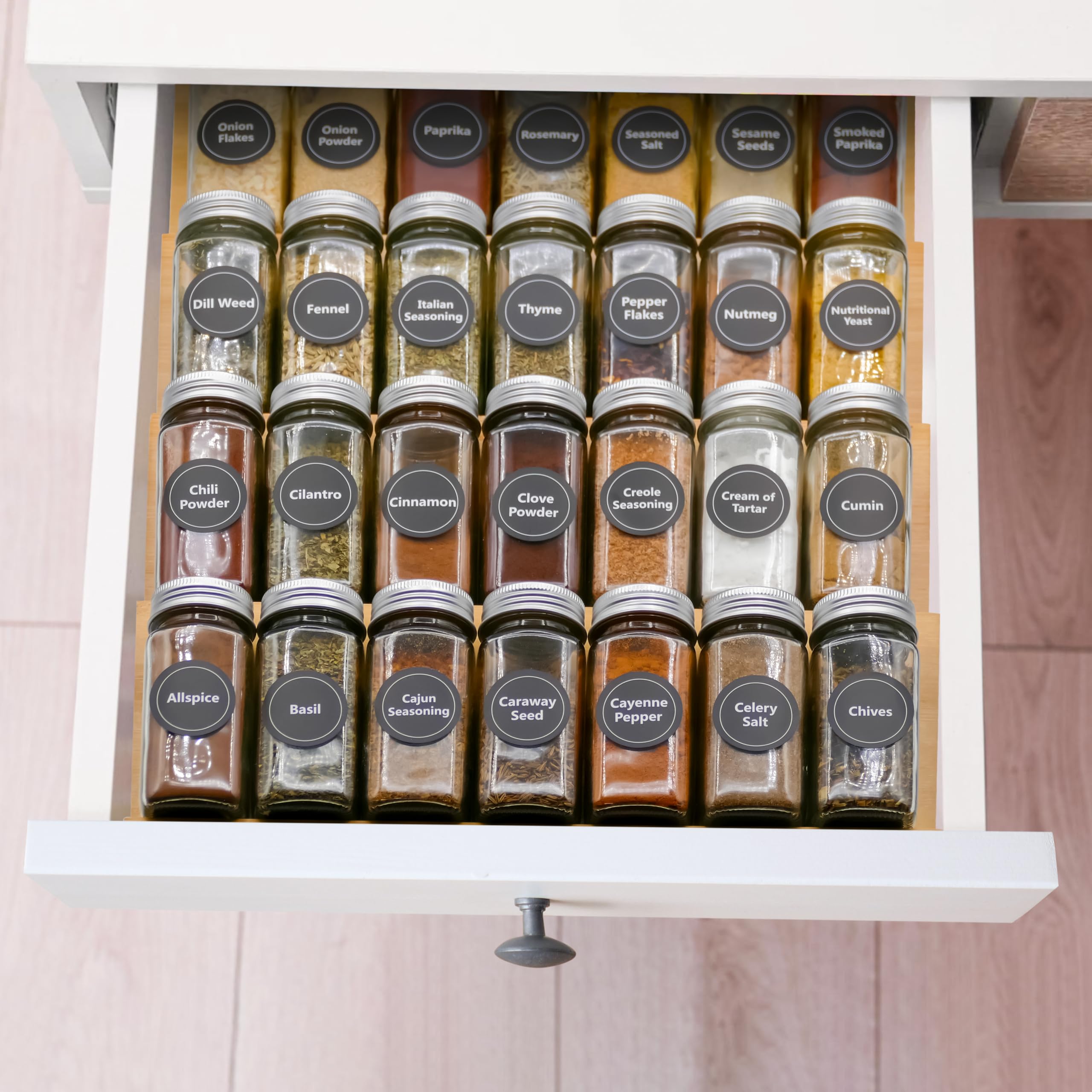 Organizador de especias para cajones de especias – Organizador de especias para gabinete (5 pulgadas de profundidad x 13 pulgadas de ancho x 1.2 pulgadas de alto) – Organizador de especias de bambú de