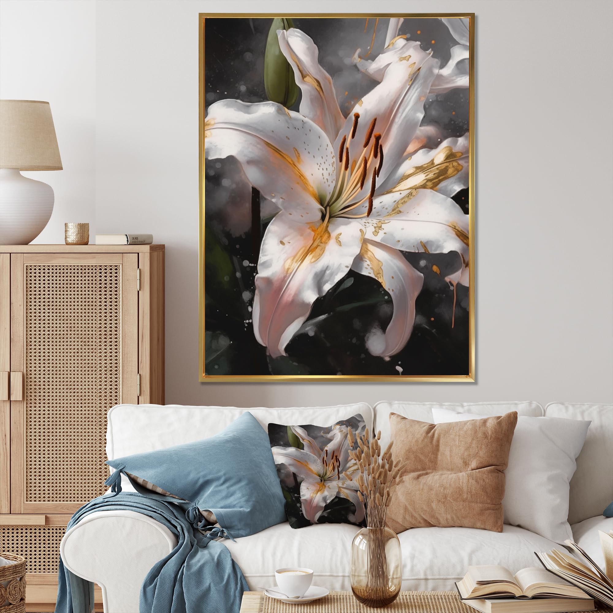 DesignQ Lily Gold Framed Wall art decor, Lily Wall Art, Graceful