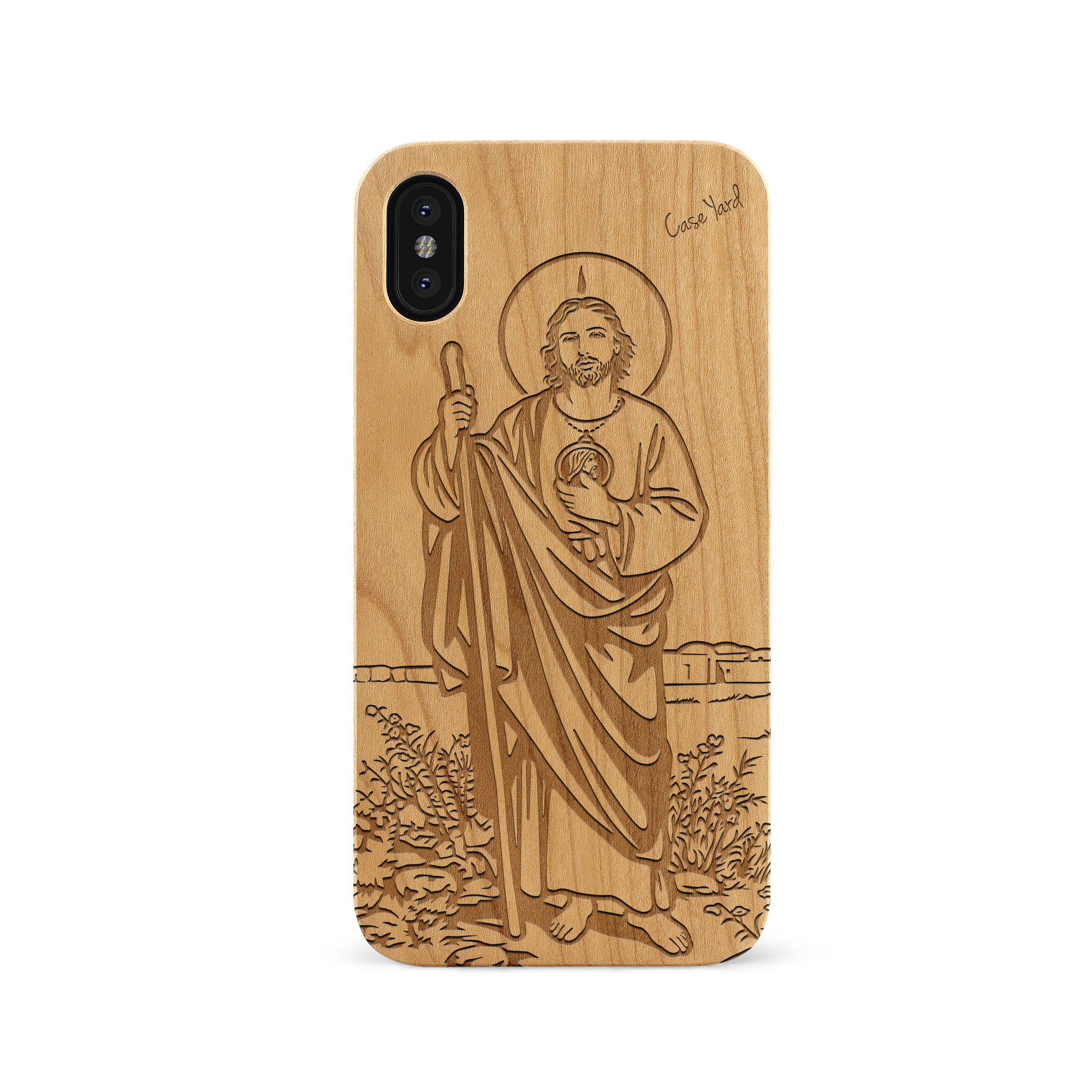 CaseYard Wood Phone case for iPhone 11 Pro Max Laser Engraved St. Jude Design Cherry Wood Compatible iPhone case Protective Shockproof Slim fit Cell Phone Cover for Men & Women