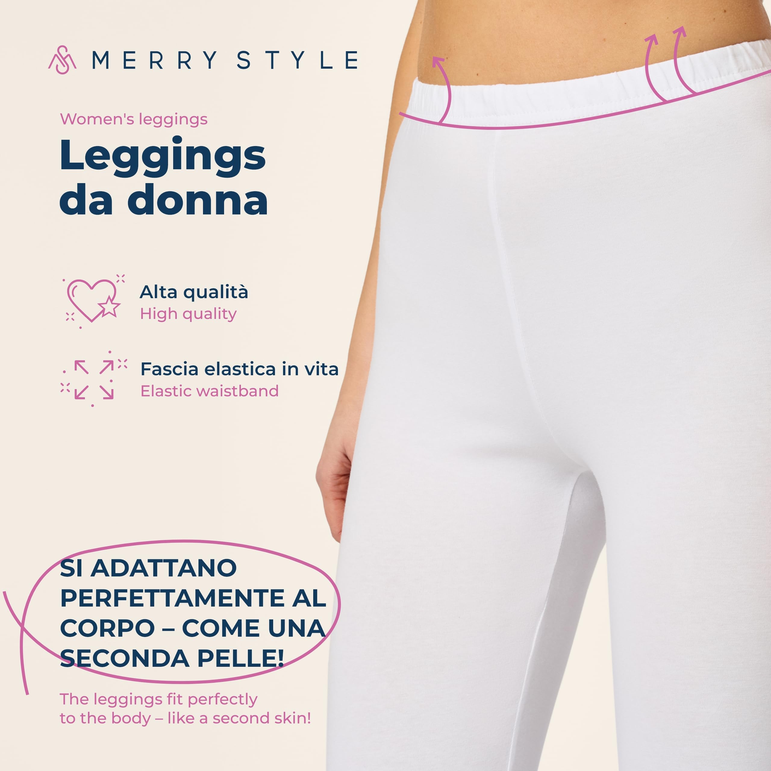Merry Style Leggings Donna 3/4 Pantaloni Capri Morbidi e Confortevoli Leggins Donna in Cotone Traspirante Elastici e Delicati sulla Pelle Sensibile MS10-199