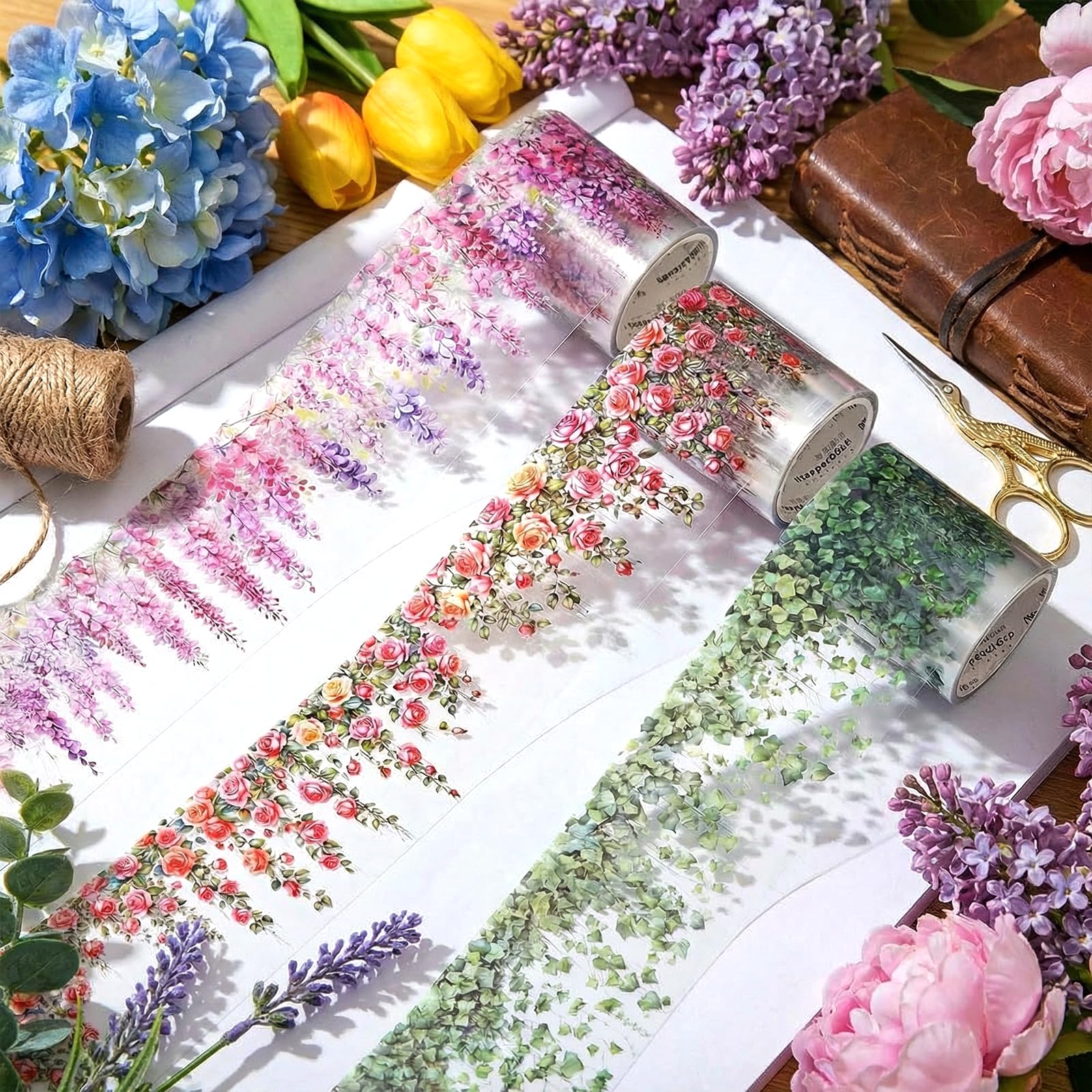 Neyauo 3 Rolls 50mm Wide Floral Washi Tape, PET Decorative Tape